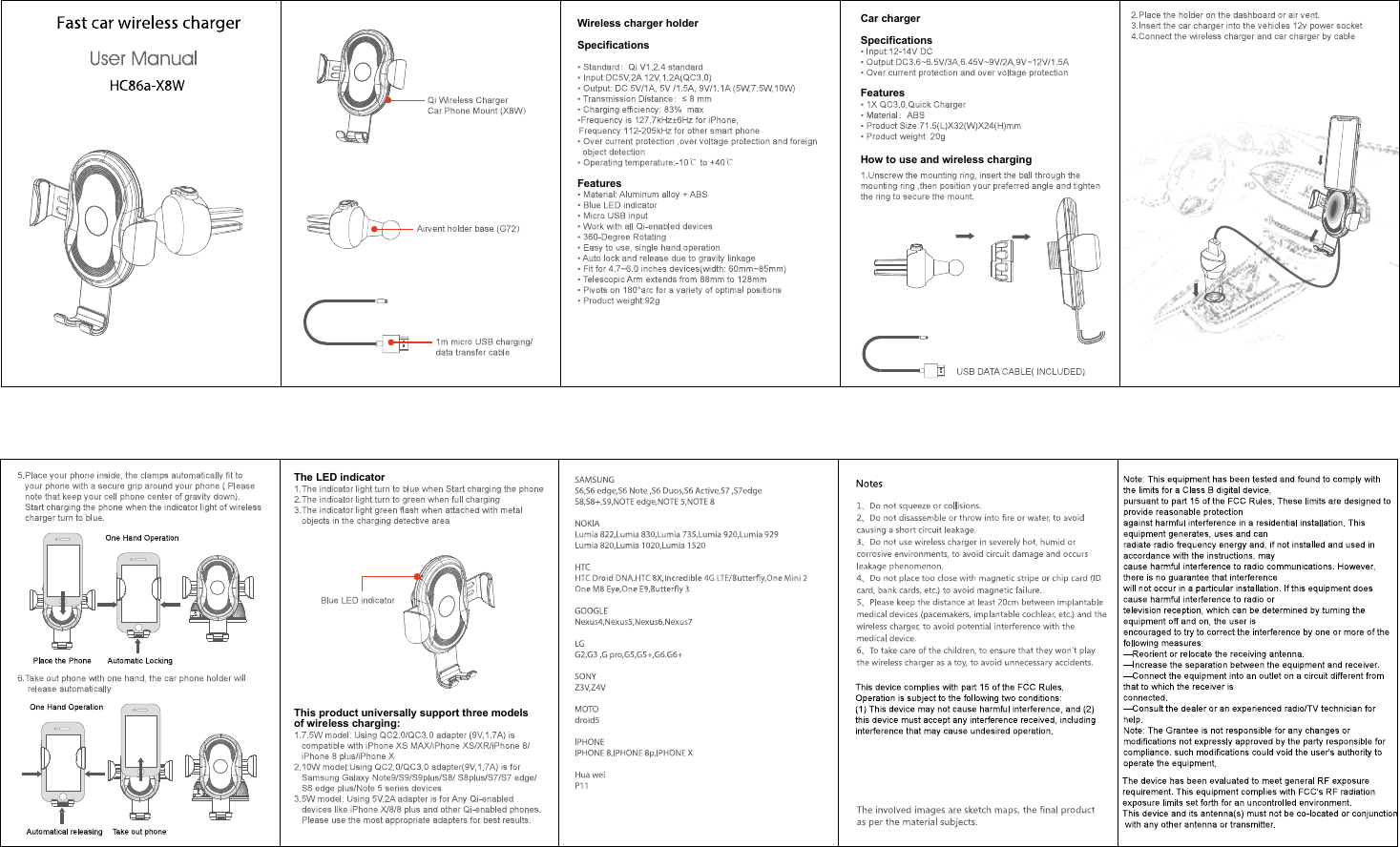 Car charger SpecificationsFeaturesHow to use and wireless chargingWireless charger holder SpecificationsFeaturesThe LED indicatorThis product universally support three models of wireless charging: 