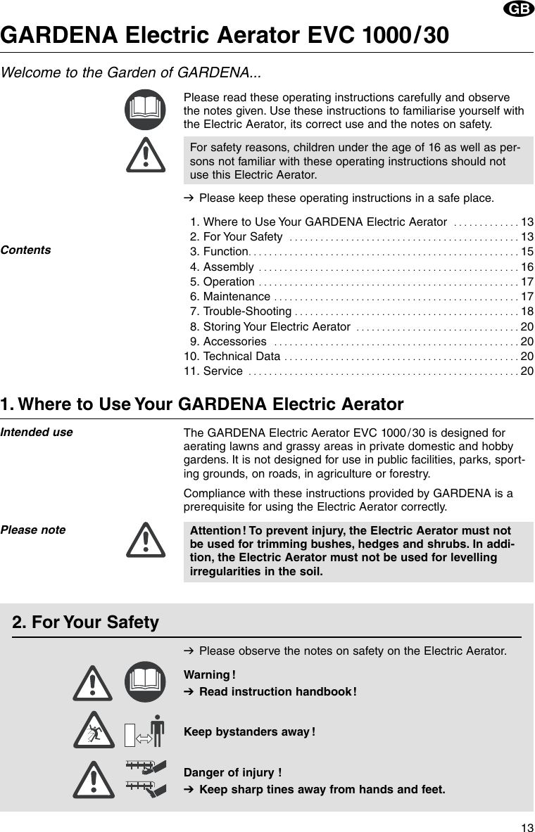 Page 2 of 7 - Gardena Gardena-Evc-1000-30-Users-Manual- OM, Gardena, Electric Aerator, Art 04062-20, 2002-12  Gardena-evc-1000-30-users-manual