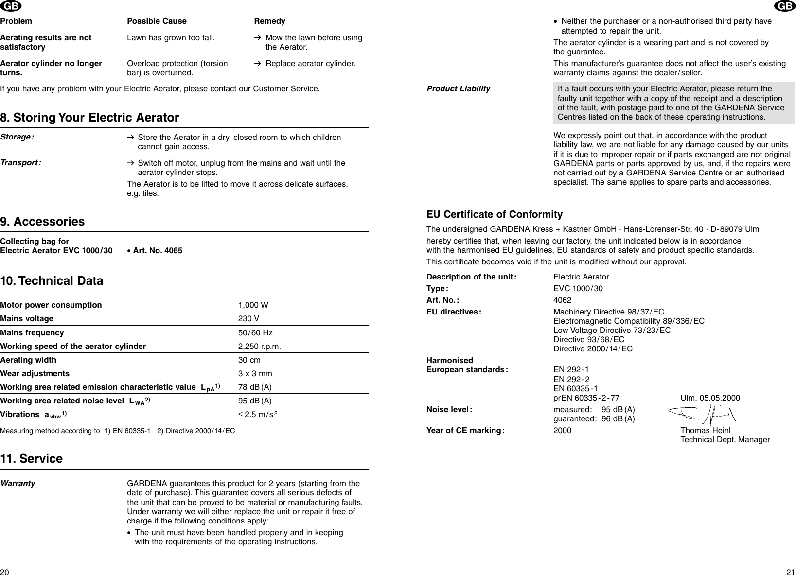 Page 6 of 7 - Gardena Gardena-Evc-1000-30-Users-Manual- OM, Gardena, Electric Aerator, Art 04062-20, 2002-12  Gardena-evc-1000-30-users-manual