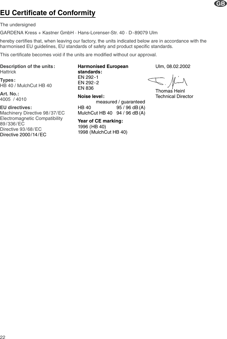 Page 8 of 10 - Gardena Gardena-Hb-40-Mulchcut-Hb-40-Art-4005-Users-Manual- OM, Gardena, Hattrick, Art 04005-20, 04010-20, 2002-12  Gardena-hb-40-mulchcut-hb-40-art-4005-users-manual