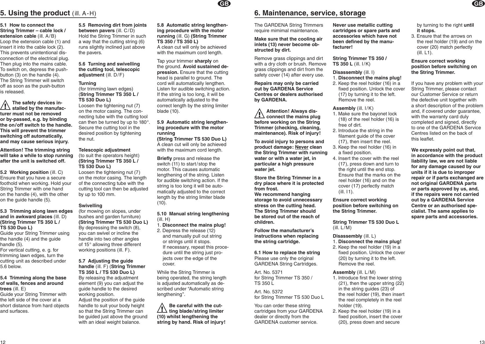Page 5 of 9 - Gardena Gardena-Ts-350-Users-Manual- OM, Gardena, String Trimmer 350 / L 530 Duo L, Art 02545-20, 2001-11 Gardena-ts-350-users-manual
