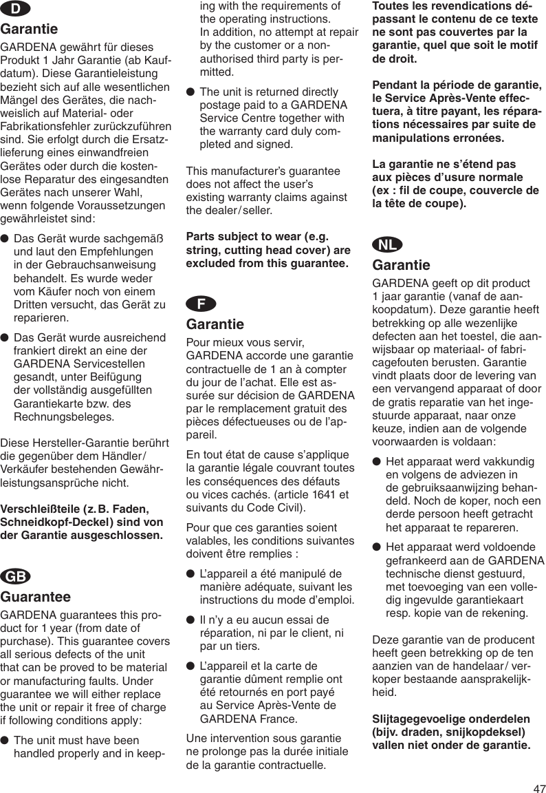 Page 7 of 9 - Gardena Gardena-Ts-350-Users-Manual- OM, Gardena, String Trimmer 350 / L 530 Duo L, Art 02545-20, 2001-11 Gardena-ts-350-users-manual