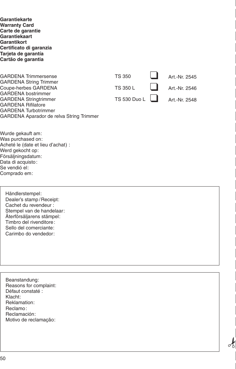 Page 8 of 9 - Gardena Gardena-Ts-350-Users-Manual- OM, Gardena, String Trimmer 350 / L 530 Duo L, Art 02545-20, 2001-11 Gardena-ts-350-users-manual
