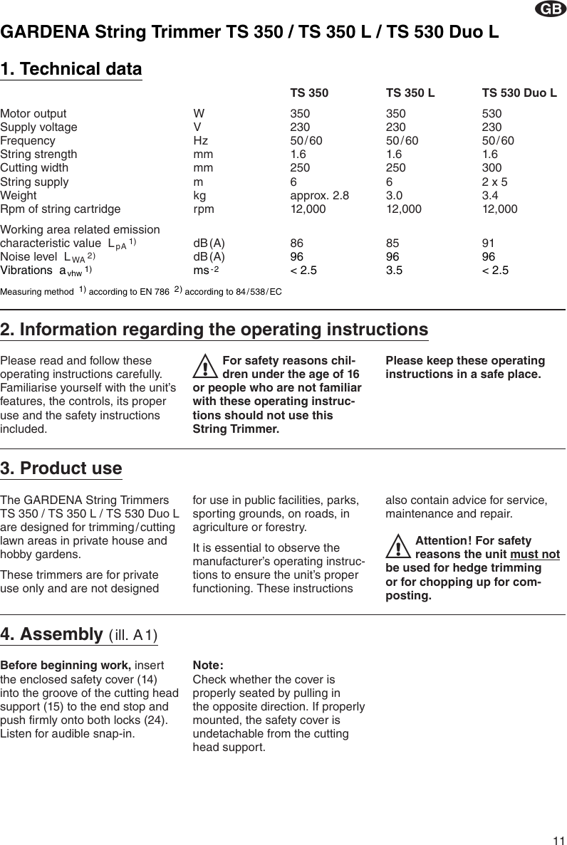 Page 4 of 9 - Gardena Gardena-Turbotrimmer-350-Users-Manual- OM, Gardena, String Trimmer 350 / L 530 Duo L, Art 02548-20, 2001-11  Gardena-turbotrimmer-350-users-manual