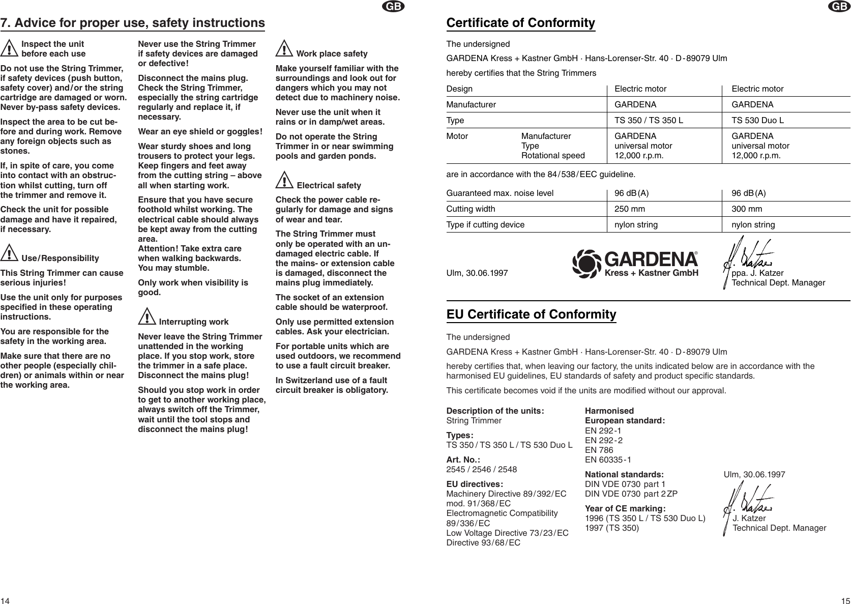 Page 6 of 9 - Gardena Gardena-Turbotrimmer-350-Users-Manual- OM, Gardena, String Trimmer 350 / L 530 Duo L, Art 02548-20, 2001-11  Gardena-turbotrimmer-350-users-manual