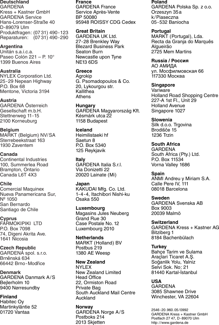 Page 9 of 9 - Gardena Gardena-Turbotrimmer-350-Users-Manual- OM, Gardena, String Trimmer 350 / L 530 Duo L, Art 02548-20, 2001-11  Gardena-turbotrimmer-350-users-manual