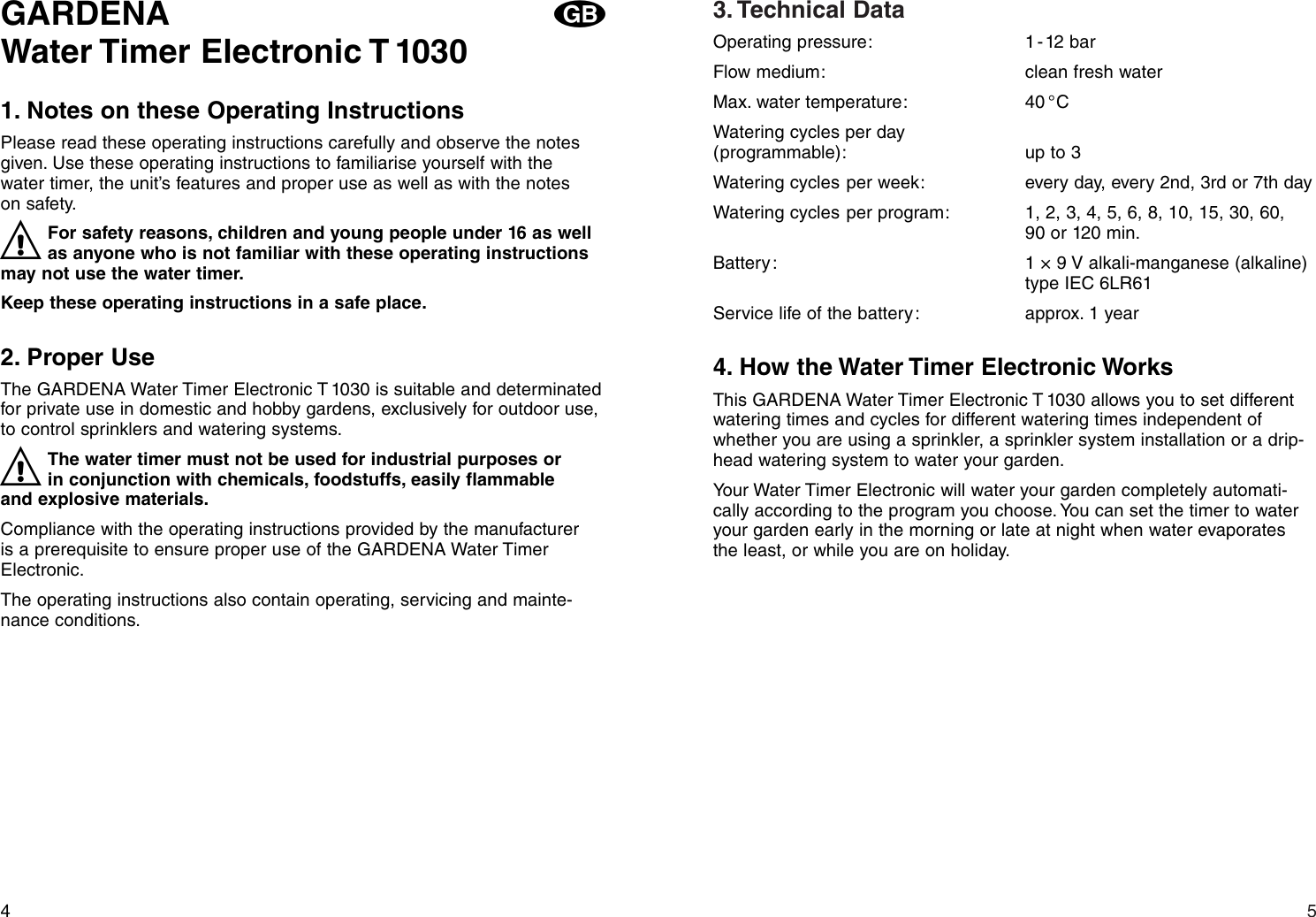 Page 3 of 11 - Gardena Gardena-Water-Timer-Electronic-T-1030-Users-Manual-  Gardena-water-timer-electronic-t-1030-users-manual