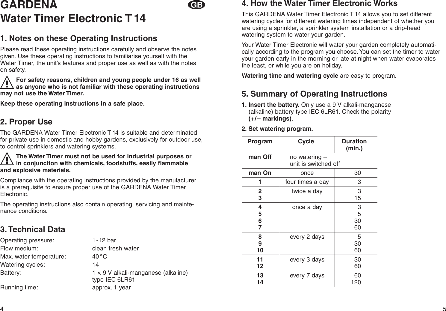 Page 3 of 8 - Gardena Gardena-Water-Timer-Electronic-T14-Users-Manual- OM, Gardena, Water Timer Electronic T 14, Art 01800-20, 2001-11  Gardena-water-timer-electronic-t14-users-manual