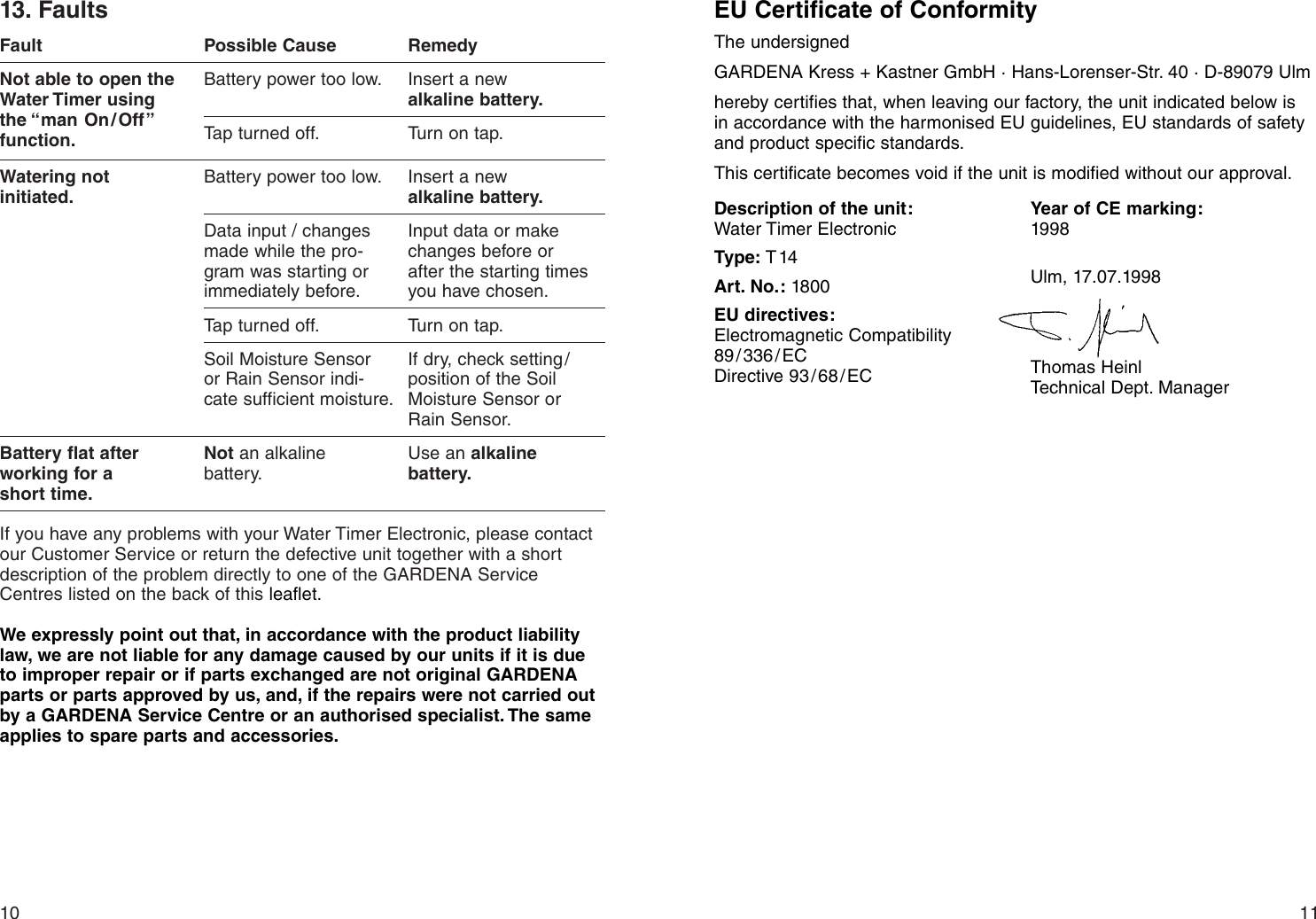 Page 6 of 8 - Gardena Gardena-Water-Timer-Electronic-T14-Users-Manual- OM, Gardena, Water Timer Electronic T 14, Art 01800-20, 2001-11  Gardena-water-timer-electronic-t14-users-manual