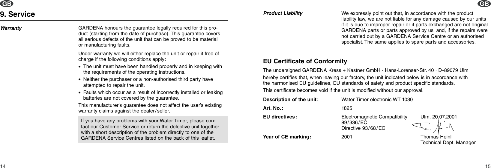 Page 8 of 10 - Gardena Gardena-Wt1030-Users-Manual- OM, Gardena, Water Timer Electronic, Art 01825-20, 2002-12  Gardena-wt1030-users-manual