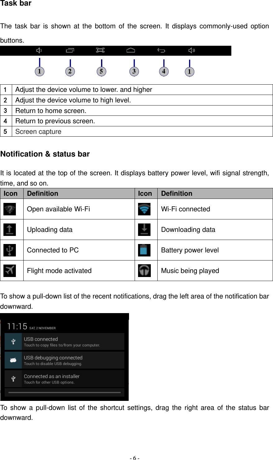   - 6 -Task bar The task bar is shown at the bottom of the screen. It displays commonly-used option buttons.    1  Adjust the device volume to lower. and higher 2  Adjust the device volume to high level. 3  Return to home screen. 4  Return to previous screen.     5  Screen capture Notification &amp; status bar It is located at the top of the screen. It displays battery power level, wifi signal strength, time, and so on. Icon  Definition  Icon Definition  Open available Wi-Fi  Wi-Fi connected  Uploading data  Downloading data  Connected to PC  Battery power level  Flight mode activated  Music being played  To show a pull-down list of the recent notifications, drag the left area of the notification bar downward.  To show a pull-down list of the shortcut settings, drag the right area of the status bar downward. 2  5  3  4  1 1 
