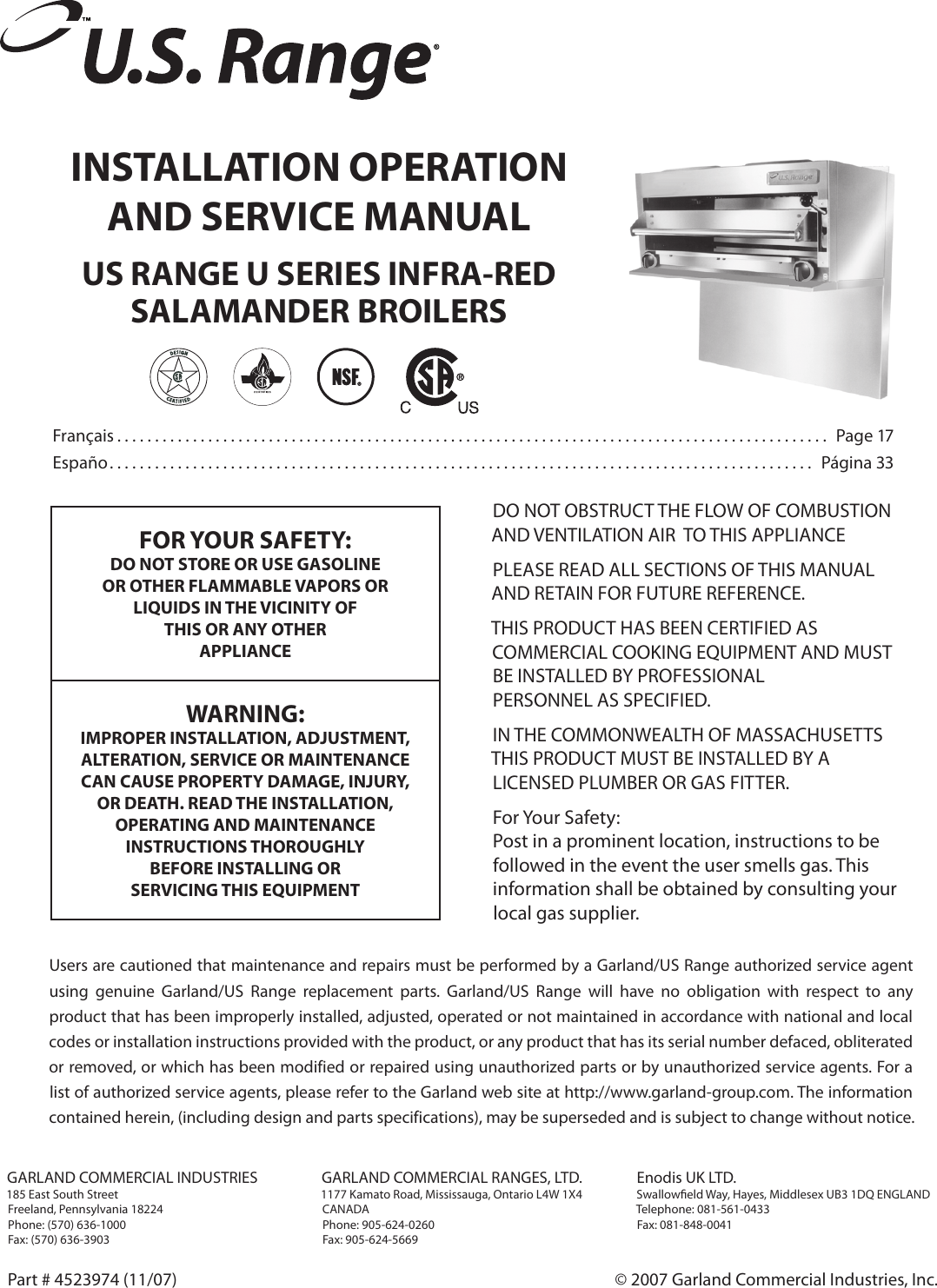 Garland Salamander Broiler Users Manual