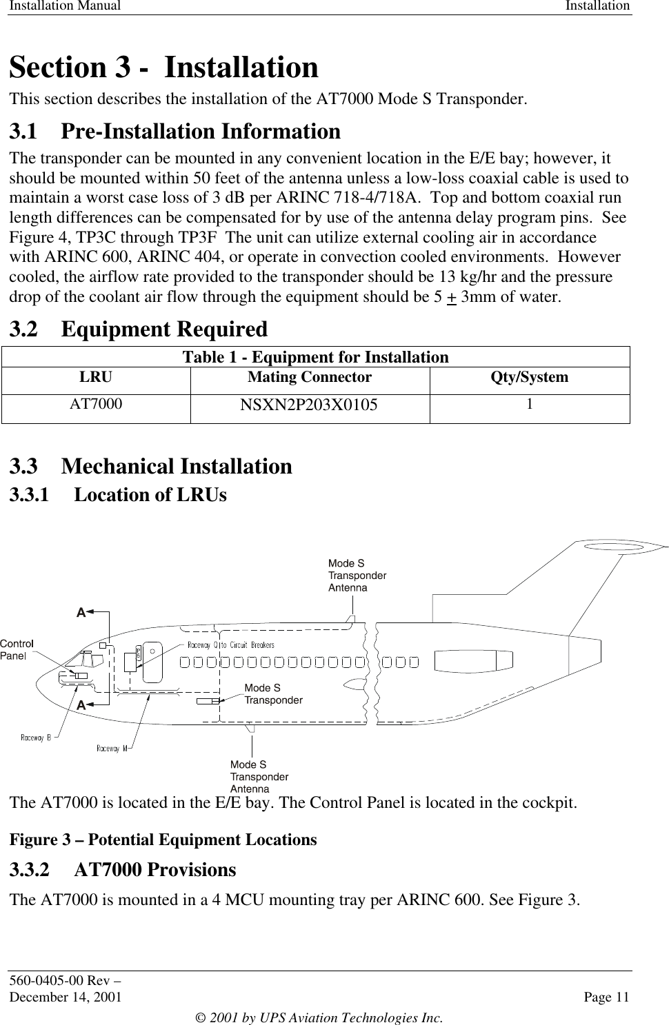 Installation Manual Installation560-0405-00 Rev –December 14, 2001 Page 11© 2001 by UPS Aviation Technologies Inc.Section 3 -  InstallationThis section describes the installation of the AT7000 Mode S Transponder.3.1 Pre-Installation InformationThe transponder can be mounted in any convenient location in the E/E bay; however, itshould be mounted within 50 feet of the antenna unless a low-loss coaxial cable is used tomaintain a worst case loss of 3 dB per ARINC 718-4/718A.  Top and bottom coaxial runlength differences can be compensated for by use of the antenna delay program pins.  SeeFigure 4, TP3C through TP3F  The unit can utilize external cooling air in accordancewith ARINC 600, ARINC 404, or operate in convection cooled environments.  Howevercooled, the airflow rate provided to the transponder should be 13 kg/hr and the pressuredrop of the coolant air flow through the equipment should be 5 + 3mm of water.3.2 Equipment RequiredTable 1 - Equipment for InstallationLRU Mating Connector Qty/SystemAT7000 NSXN2P203X0105 13.3 Mechanical Installation3.3.1 Location of LRUsThe AT7000 is located in the E/E bay. The Control Panel is located in the cockpit.Figure 3 – Potential Equipment Locations3.3.2 AT7000 ProvisionsThe AT7000 is mounted in a 4 MCU mounting tray per ARINC 600. See Figure 3.