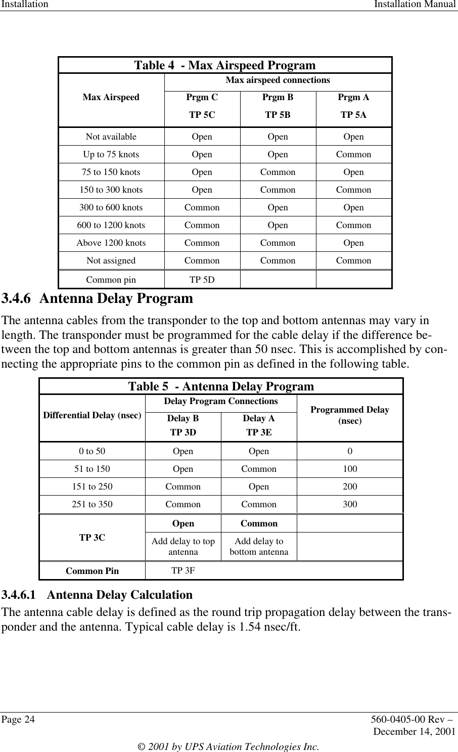 Installation  Installation ManualPage 24 560-0405-00 Rev –December 14, 2001© 2001 by UPS Aviation Technologies Inc.Table 4  - Max Airspeed ProgramMax airspeed connectionsMax Airspeed Prgm CTP 5CPrgm BTP 5BPrgm ATP 5ANot available Open Open OpenUp to 75 knots Open Open Common75 to 150 knots Open Common Open150 to 300 knots Open Common Common300 to 600 knots Common Open Open600 to 1200 knots Common Open CommonAbove 1200 knots Common Common OpenNot assigned Common Common CommonCommon pin TP 5D3.4.6 Antenna Delay ProgramThe antenna cables from the transponder to the top and bottom antennas may vary inlength. The transponder must be programmed for the cable delay if the difference be-tween the top and bottom antennas is greater than 50 nsec. This is accomplished by con-necting the appropriate pins to the common pin as defined in the following table.Table 5  - Antenna Delay ProgramDelay Program ConnectionsDifferential Delay (nsec) Delay BTP 3DDelay ATP 3EProgrammed Delay(nsec)0 to 50 Open Open 051 to 150 Open Common 100151 to 250 Common Open 200251 to 350 Common Common 300Open CommonTP 3C Add delay to topantenna Add delay tobottom antennaCommon Pin TP 3F3.4.6.1 Antenna Delay CalculationThe antenna cable delay is defined as the round trip propagation delay between the trans-ponder and the antenna. Typical cable delay is 1.54 nsec/ft.