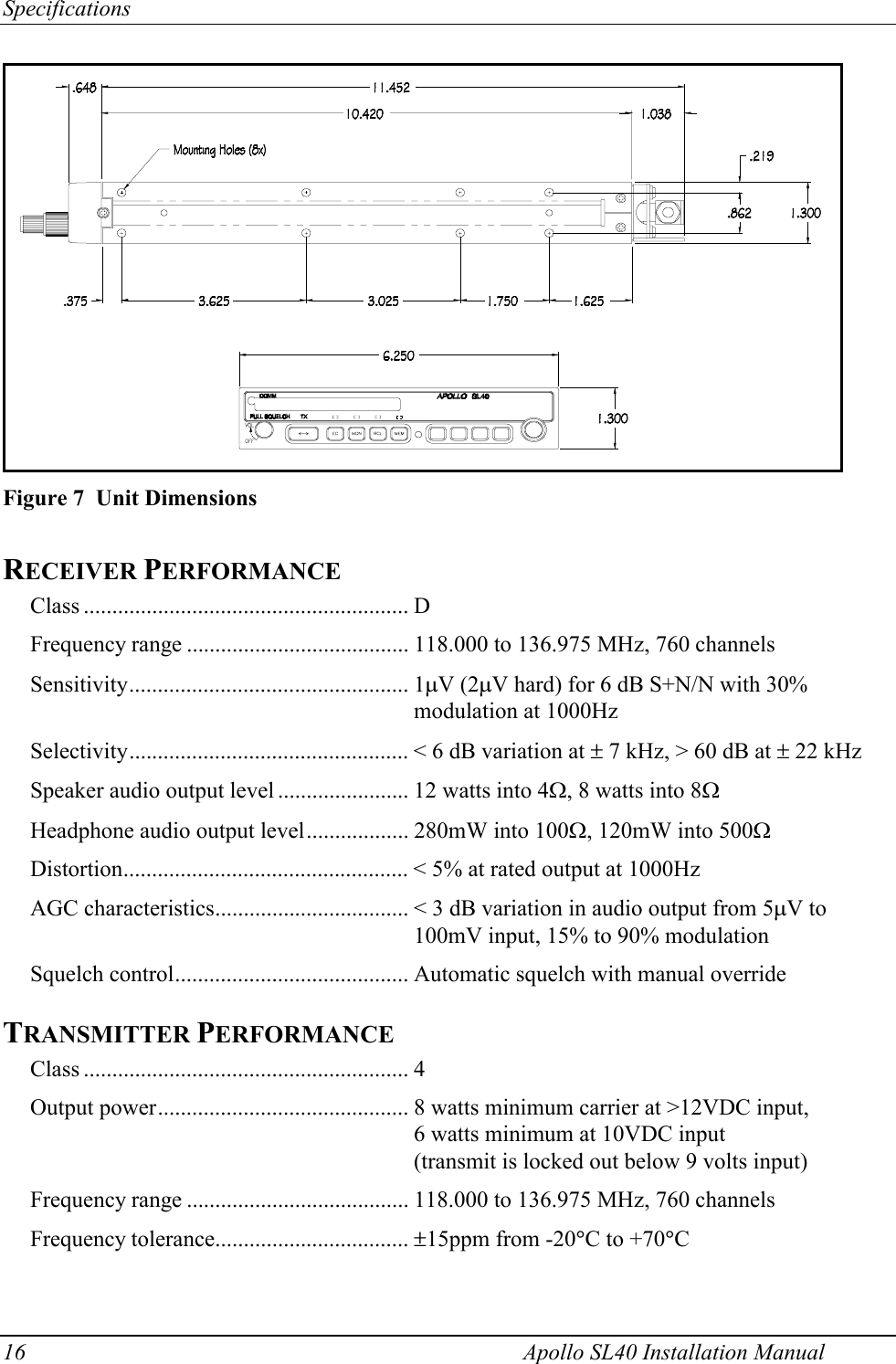 Specifications 16    Apollo SL40 Installation Manual  RECEIVER PERFORMANCE Class ......................................................... D Frequency range ....................................... 118.000 to 136.975 MHz, 760 channels Sensitivity................................................. 1PV (2PV hard) for 6 dB S+N/N with 30% modulation at 1000Hz Selectivity................................................. &lt; 6 dB variation at r 7 kHz, &gt; 60 dB at r 22 kHz Speaker audio output level ....................... 12 watts into 4:, 8 watts into 8: Headphone audio output level.................. 280mW into 100:, 120mW into 500: Distortion.................................................. &lt; 5% at rated output at 1000Hz AGC characteristics.................................. &lt; 3 dB variation in audio output from 5PV to 100mV input, 15% to 90% modulation Squelch control......................................... Automatic squelch with manual override TRANSMITTER PERFORMANCE Class ......................................................... 4 Output power............................................ 8 watts minimum carrier at &gt;12VDC input,               6 watts minimum at 10VDC input                           (transmit is locked out below 9 volts input) Frequency range ....................................... 118.000 to 136.975 MHz, 760 channels Frequency tolerance.................................. r15ppm from -20qC to +70qC  Figure 7  Unit Dimensions 