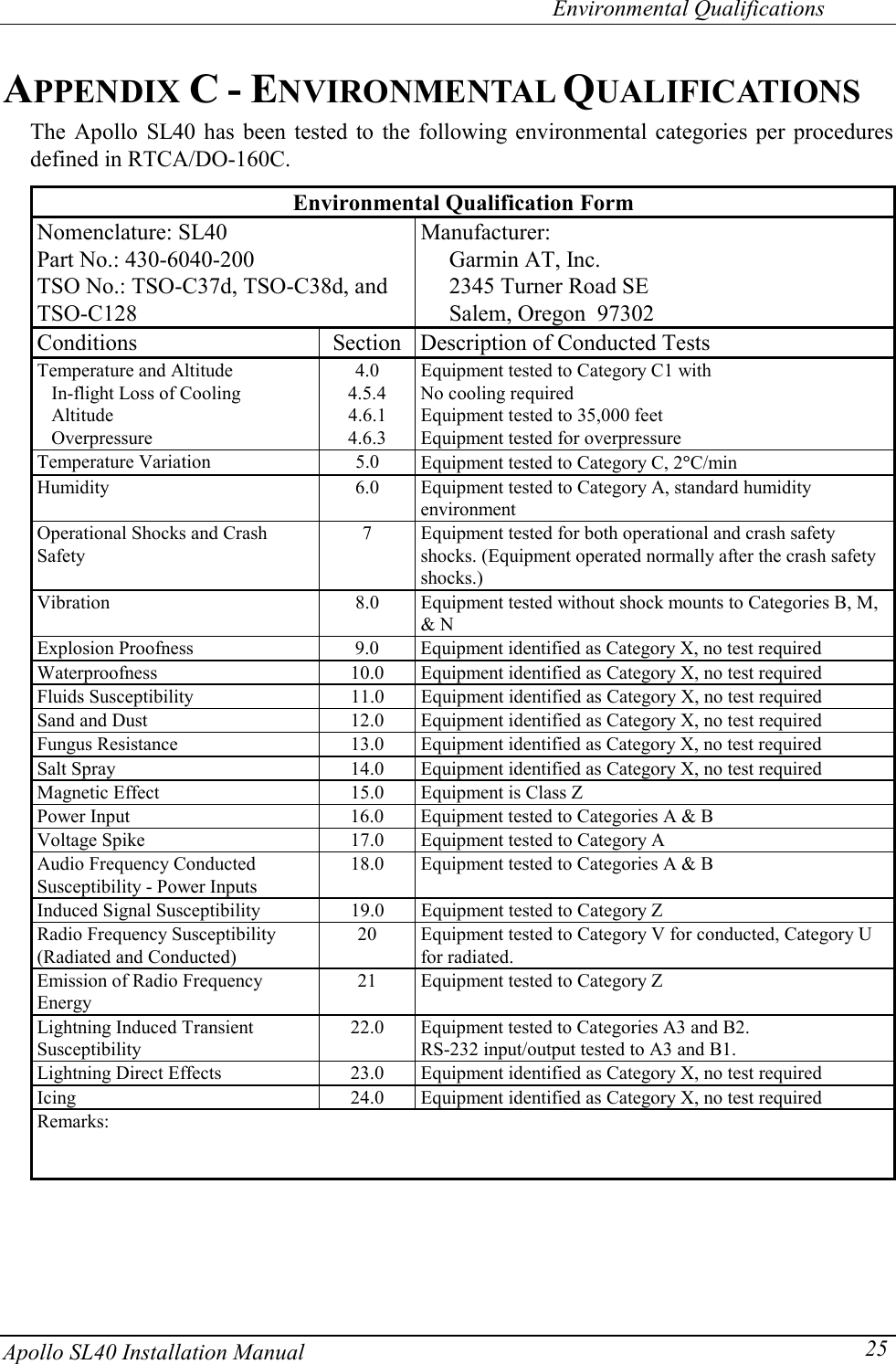   Environmental Qualifications Apollo SL40 Installation Manual  25APPENDIX C - ENVIRONMENTAL QUALIFICATIONS The Apollo SL40 has been tested to the following environmental categories per procedures defined in RTCA/DO-160C.    Environmental Qualification Form  Nomenclature: SL40 Part No.: 430-6040-200 TSO No.: TSO-C37d, TSO-C38d, and TSO-C128  Manufacturer:      Garmin AT, Inc.      2345 Turner Road SE      Salem, Oregon  97302  Conditions  Section Description of Conducted Tests   Temperature and Altitude  4.0  Equipment tested to Category C1 with      In-flight Loss of Cooling  4.5.4  No cooling required      Altitude  4.6.1  Equipment tested to 35,000 feet      Overpressure  4.6.3  Equipment tested for overpressure  Temperature Variation  5.0  Equipment tested to Category C, 2GC/min   Humidity  6.0  Equipment tested to Category A, standard humidity environment   Operational Shocks and Crash Safety 7  Equipment tested for both operational and crash safety shocks. (Equipment operated normally after the crash safety shocks.)   Vibration  8.0  Equipment tested without shock mounts to Categories B, M, &amp; N   Explosion Proofness  9.0  Equipment identified as Category X, no test required   Waterproofness  10.0  Equipment identified as Category X, no test required   Fluids Susceptibility  11.0  Equipment identified as Category X, no test required   Sand and Dust  12.0  Equipment identified as Category X, no test required   Fungus Resistance  13.0  Equipment identified as Category X, no test required   Salt Spray  14.0  Equipment identified as Category X, no test required   Magnetic Effect  15.0  Equipment is Class Z   Power Input  16.0  Equipment tested to Categories A &amp; B   Voltage Spike  17.0  Equipment tested to Category A   Audio Frequency Conducted Susceptibility - Power Inputs 18.0  Equipment tested to Categories A &amp; B   Induced Signal Susceptibility  19.0  Equipment tested to Category Z   Radio Frequency Susceptibility (Radiated and Conducted) 20  Equipment tested to Category V for conducted, Category U for radiated.   Emission of Radio Frequency Energy 21  Equipment tested to Category Z   Lightning Induced Transient Susceptibility 22.0  Equipment tested to Categories A3 and B2. RS-232 input/output tested to A3 and B1.   Lightning Direct Effects  23.0  Equipment identified as Category X, no test required   Icing  24.0  Equipment identified as Category X, no test required  Remarks:     