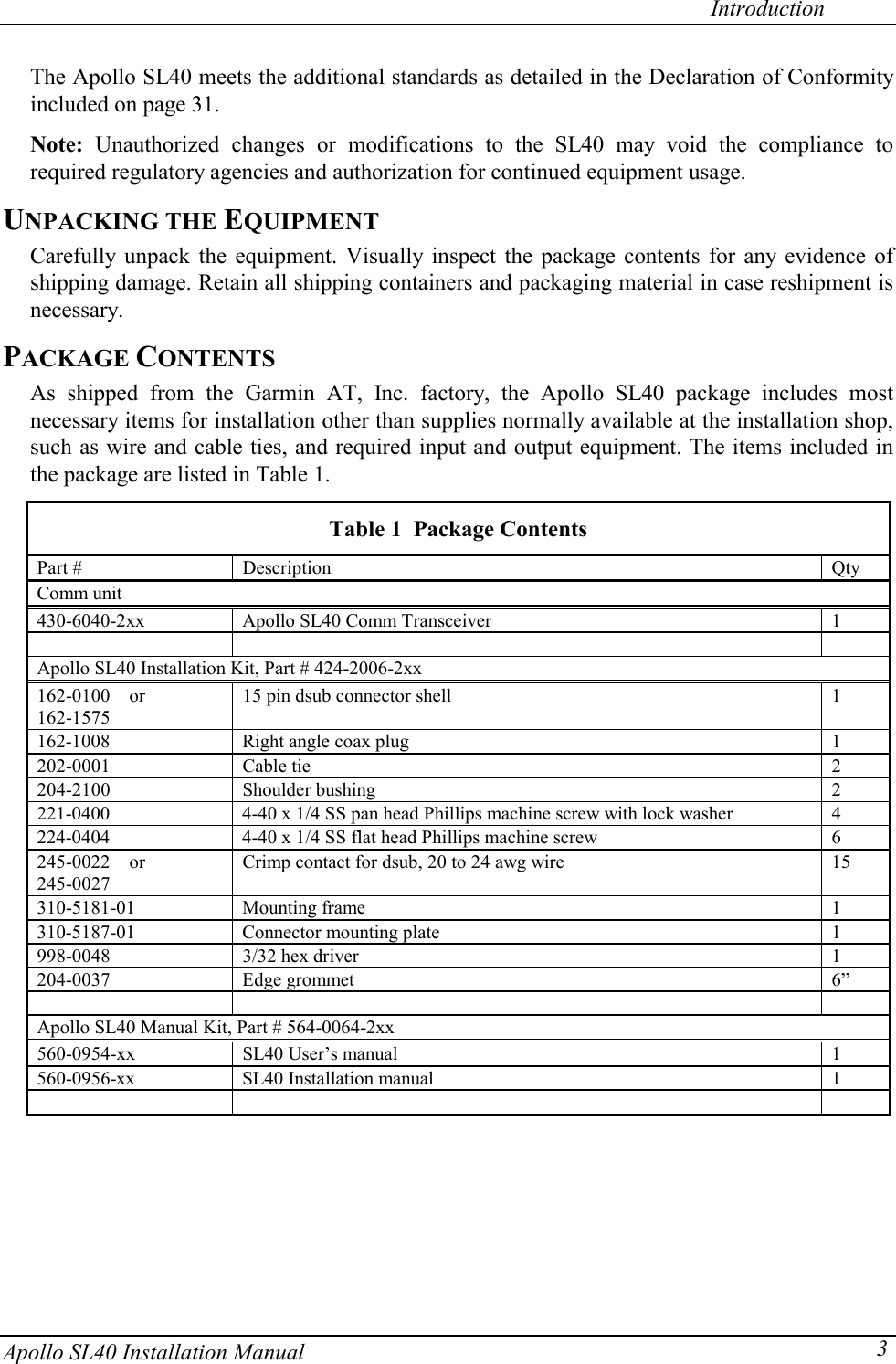   Introduction Apollo SL40 Installation Manual  3The Apollo SL40 meets the additional standards as detailed in the Declaration of Conformity included on page 31.  Note: Unauthorized changes or modifications to the SL40 may void the compliance to required regulatory agencies and authorization for continued equipment usage. UNPACKING THE EQUIPMENT Carefully unpack the equipment. Visually inspect the package contents for any evidence of shipping damage. Retain all shipping containers and packaging material in case reshipment is necessary. PACKAGE CONTENTS As shipped from the Garmin AT, Inc. factory, the Apollo SL40 package includes most necessary items for installation other than supplies normally available at the installation shop, such as wire and cable ties, and required input and output equipment. The items included in the package are listed in Table 1.   Table 1  Package Contents  Part #  Description  Qty  Comm unit   430-6040-2xx  Apollo SL40 Comm Transceiver  1         Apollo SL40 Installation Kit, Part # 424-2006-2xx   162-0100    or 162-1575 15 pin dsub connector shell  1   162-1008  Right angle coax plug  1  202-0001  Cable tie  2  204-2100  Shoulder bushing  2   221-0400  4-40 x 1/4 SS pan head Phillips machine screw with lock washer  4   224-0404  4-40 x 1/4 SS flat head Phillips machine screw  6   245-0022    or 245-0027 Crimp contact for dsub, 20 to 24 awg wire  15  310-5181-01  Mounting frame  1   310-5187-01  Connector mounting plate  1   998-0048  3/32 hex driver  1  204-0037  Edge grommet  6”         Apollo SL40 Manual Kit, Part # 564-0064-2xx   560-0954-xx  SL40 User’s manual  1   560-0956-xx  SL40 Installation manual  1           