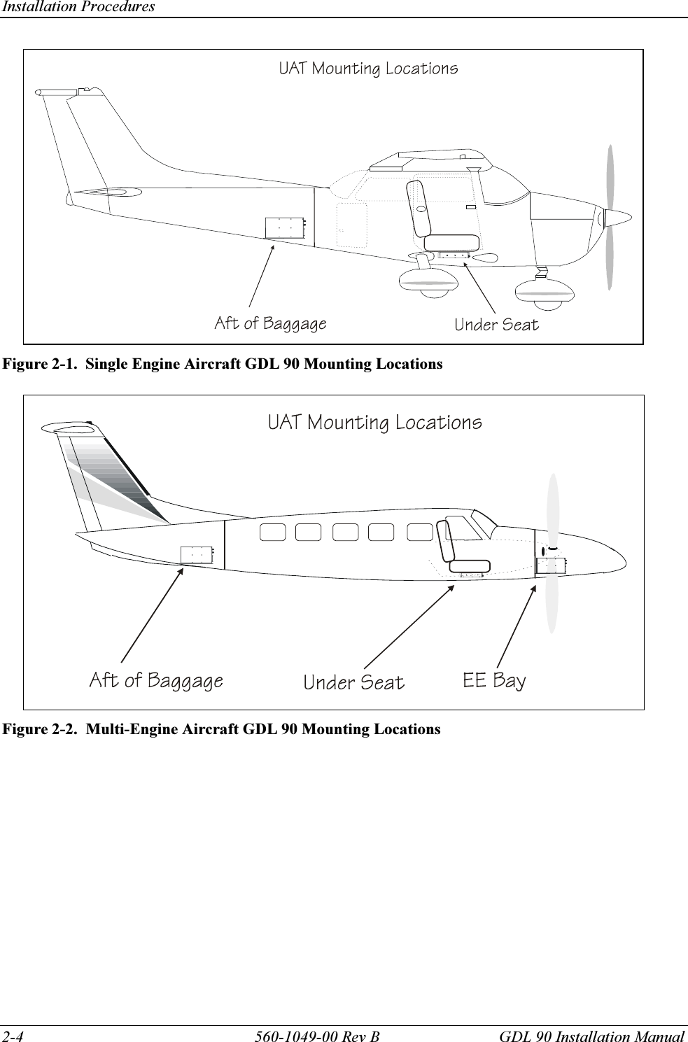 Installation Procedures 2-4  560-1049-00 Rev B  GDL 90 Installation Manual  Figure 2-1.  Single Engine Aircraft GDL 90 Mounting Locations   Figure 2-2.  Multi-Engine Aircraft GDL 90 Mounting Locations  