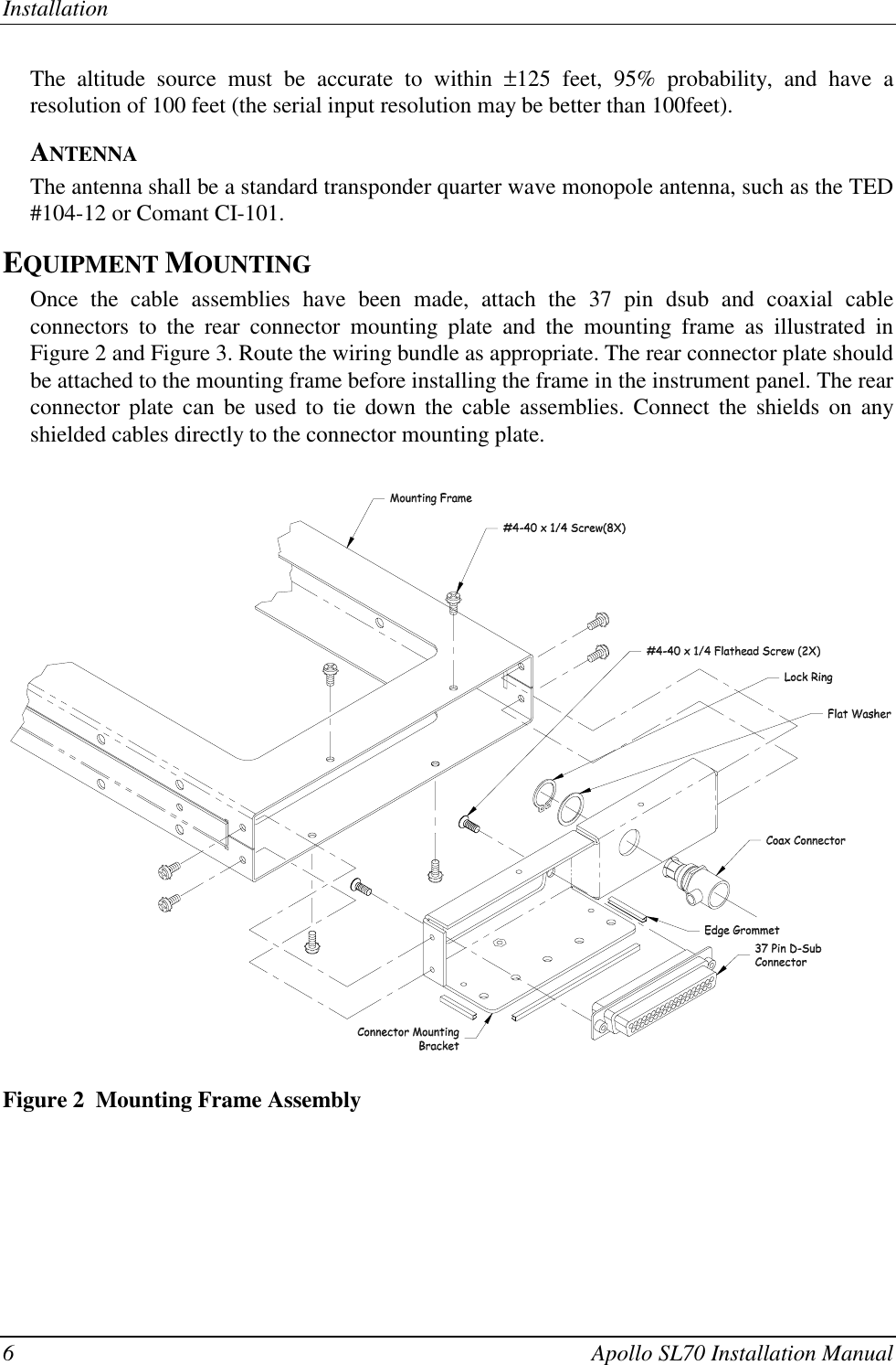 Installation6 Apollo SL70 Installation ManualThe altitude source must be accurate to within ±125 feet, 95% probability, and have aresolution of 100 feet (the serial input resolution may be better than 100feet).ANTENNAThe antenna shall be a standard transponder quarter wave monopole antenna, such as the TED#104-12 or Comant CI-101.EQUIPMENT MOUNTINGOnce the cable assemblies have been made, attach the 37 pin dsub and coaxial cableconnectors to the rear connector mounting plate and the mounting frame as illustrated inFigure 2 and Figure 3. Route the wiring bundle as appropriate. The rear connector plate shouldbe attached to the mounting frame before installing the frame in the instrument panel. The rearconnector plate can be used to tie down the cable assemblies. Connect the shields on anyshielded cables directly to the connector mounting plate.Figure 2  Mounting Frame Assembly