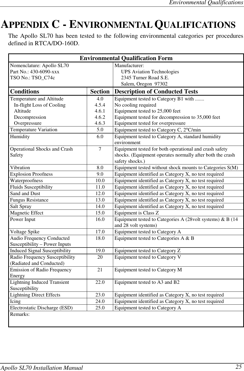 Environmental QualificationsApollo SL70 Installation Manual 25APPENDIX C - ENVIRONMENTAL QUALIFICATIONSThe Apollo SL70 has been tested to the following environmental categories per proceduresdefined in RTCA/DO-160D.Environmental Qualification FormNomenclature: Apollo SL70Part No.: 430-6090-xxxTSO No.: TSO_C74cManufacturer:     UPS Aviation Technologies     2345 Turner Road S.E.     Salem, Oregon  97302Conditions Section Description of Conducted TestsTemperature and Altitude 4.0 Equipment tested to Category B1 with .......   In-flight Loss of Cooling 4.5.4 No cooling required   Altitude 4.6.1 Equipment tested to 25,000 feet   Decompression 4.6.2 Equipment tested for decompression to 35,000 feet   Overpressure 4.6.3 Equipment tested for overpressureTemperature Variation 5.0 Equipment tested to Category C, 2°C/minHumidity 6.0 Equipment tested to Category A, standard humidityenvironmentOperational Shocks and CrashSafety 7 Equipment tested for both operational and crash safetyshocks. (Equipment operates normally after both the crashsafety shocks.)Vibration 8.0 Equipment tested without shock mounts to Categories S(M)Explosion Proofness 9.0 Equipment identified as Category X, no test requiredWaterproofness 10.0 Equipment identified as Category X, no test requiredFluids Susceptibility 11.0 Equipment identified as Category X, no test requiredSand and Dust 12.0 Equipment identified as Category X, no test requiredFungus Resistance 13.0 Equipment identified as Category X, no test requiredSalt Spray 14.0 Equipment identified as Category X, no test requiredMagnetic Effect 15.0 Equipment is Class ZPower Input 16.0 Equipment tested to Categories A (28volt systems) &amp; B (14and 28 volt systems)Voltage Spike 17.0 Equipment tested to Category AAudio Frequency ConductedSusceptibility – Power Inputs 18.0 Equipment tested to Categories A &amp; BInduced Signal Susceptibility 19.0 Equipment tested to Category ZRadio Frequency Susceptibility(Radiated and Conducted) 20 Equipment tested to Category VEmission of Radio FrequencyEnergy 21 Equipment tested to Category MLightning Induced TransientSusceptibility 22.0 Equipment tested to A3 and B2Lightning Direct Effects 23.0 Equipment identified as Category X, no test requiredIcing 24.0 Equipment identified as Category X, no test requiredElectrostatic Discharge (ESD) 25.0 Equipment tested to Category ARemarks: