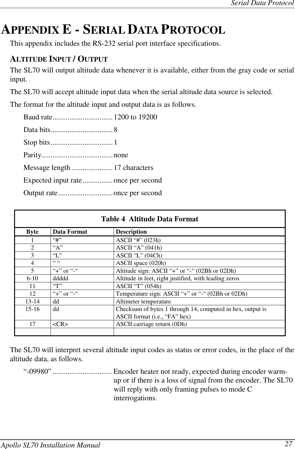 Serial Data ProtocolApollo SL70 Installation Manual 27APPENDIX E - SERIAL DATA PROTOCOLThis appendix includes the RS-232 serial port interface specifications.ALTITUDE INPUT / OUTPUTThe SL70 will output altitude data whenever it is available, either from the gray code or serialinput.The SL70 will accept altitude input data when the serial altitude data source is selected.The format for the altitude input and output data is as follows.Baud rate................................1200 to 19200Data bits.................................8Stop bits.................................1Parity......................................noneMessage length ......................17 charactersExpected input rate................once per secondOutput rate.............................once per secondTable 4  Altitude Data FormatByte Data Format Description1 “#” ASCII “#” (023h)2 “A” ASCII “A” (041h)3 “L” ASCII “L” (04Ch)4 “ “ ASCII space (020h)5 “+” or “-“ Altitude sign: ASCII “+” or “-“ (02Bh or 02Dh)6-10 ddddd Altitude in feet, right justified, with leading zeros11 “T” ASCII “T” (054h)12 “+” or “-“ Temperature sign: ASCII “+” or “-“ (02Bh or 02Dh)13-14 dd Altimeter temperature15-16 dd Checksum of bytes 1 through 14, computed in hex, output isASCII format (i.e., “FA” hex)17 &lt;CR&gt; ASCII carriage return (0Dh)The SL70 will interpret several altitude input codes as status or error codes, in the place of thealtitude data, as follows.“-09980” ................................Encoder heater not ready, expected during encoder warm-up or if there is a loss of signal from the encoder. The SL70will reply with only framing pulses to mode Cinterrogations.