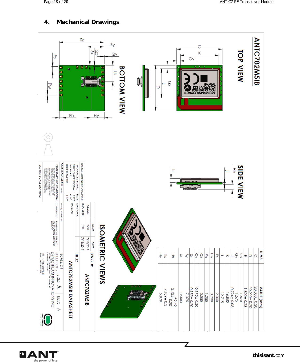 Page 18 of 20  ANT C7 RF Transceiver Module                     thisisant.com 4. Mechanical Drawings  