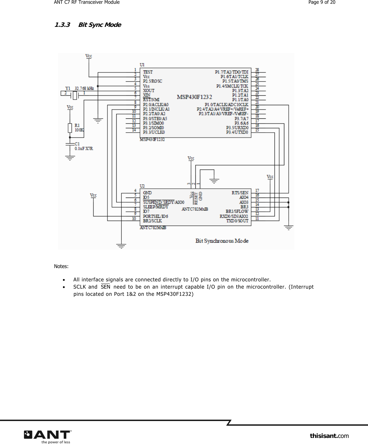 ANT C7 RF Transceiver Module  Page 9 of 20                     thisisant.com 1.3.3 Bit Sync Mode    Notes:  All interface signals are connected directly to I/O pins on the microcontroller.  SCLK and  SEN  need to be on an interrupt capable I/O pin on the microcontroller. (Interrupt pins located on Port 1&amp;2 on the MSP430F1232)    