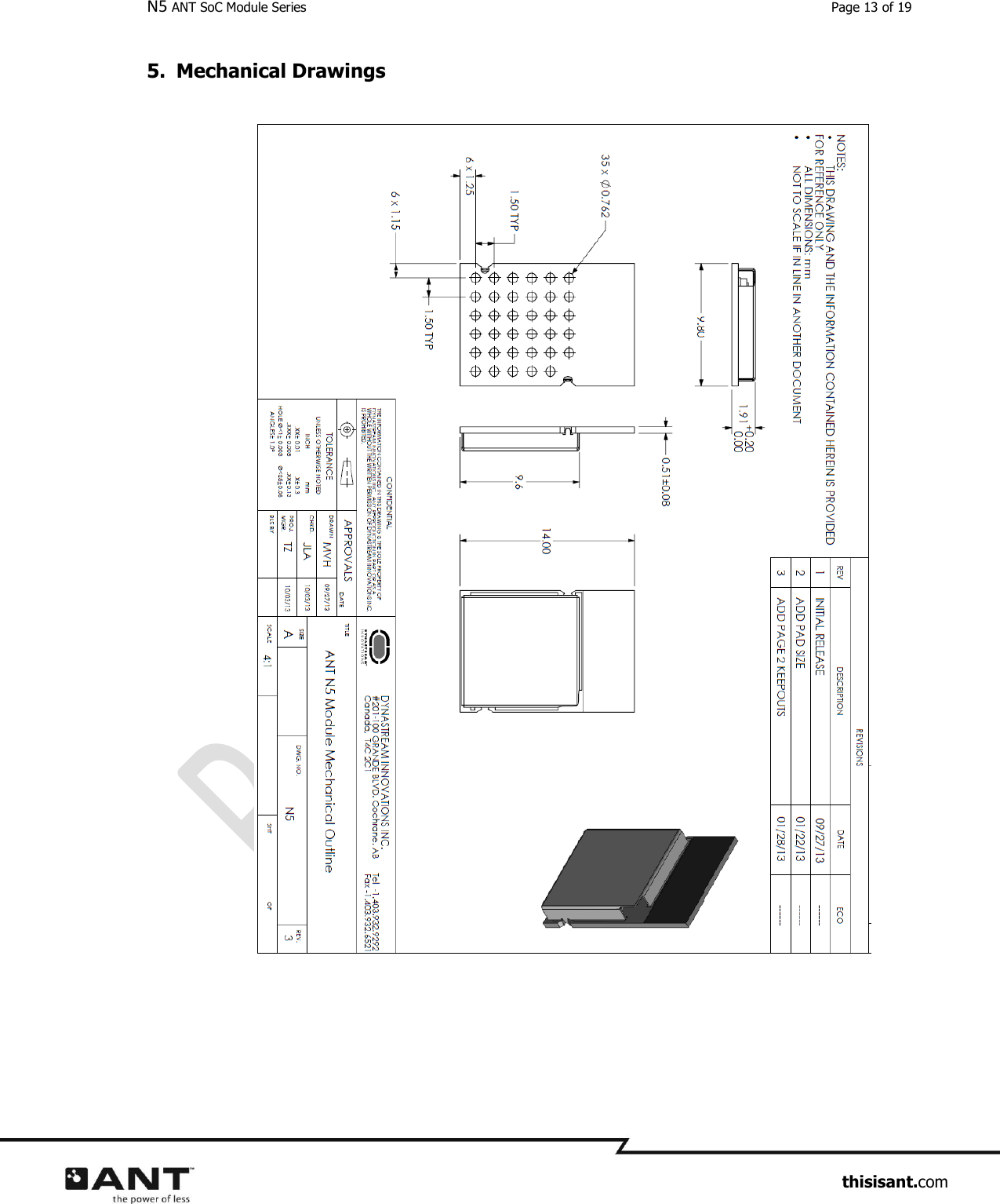 N5 ANT SoC Module Series  Page 13 of 19                     thisisant.com 5. Mechanical Drawings      