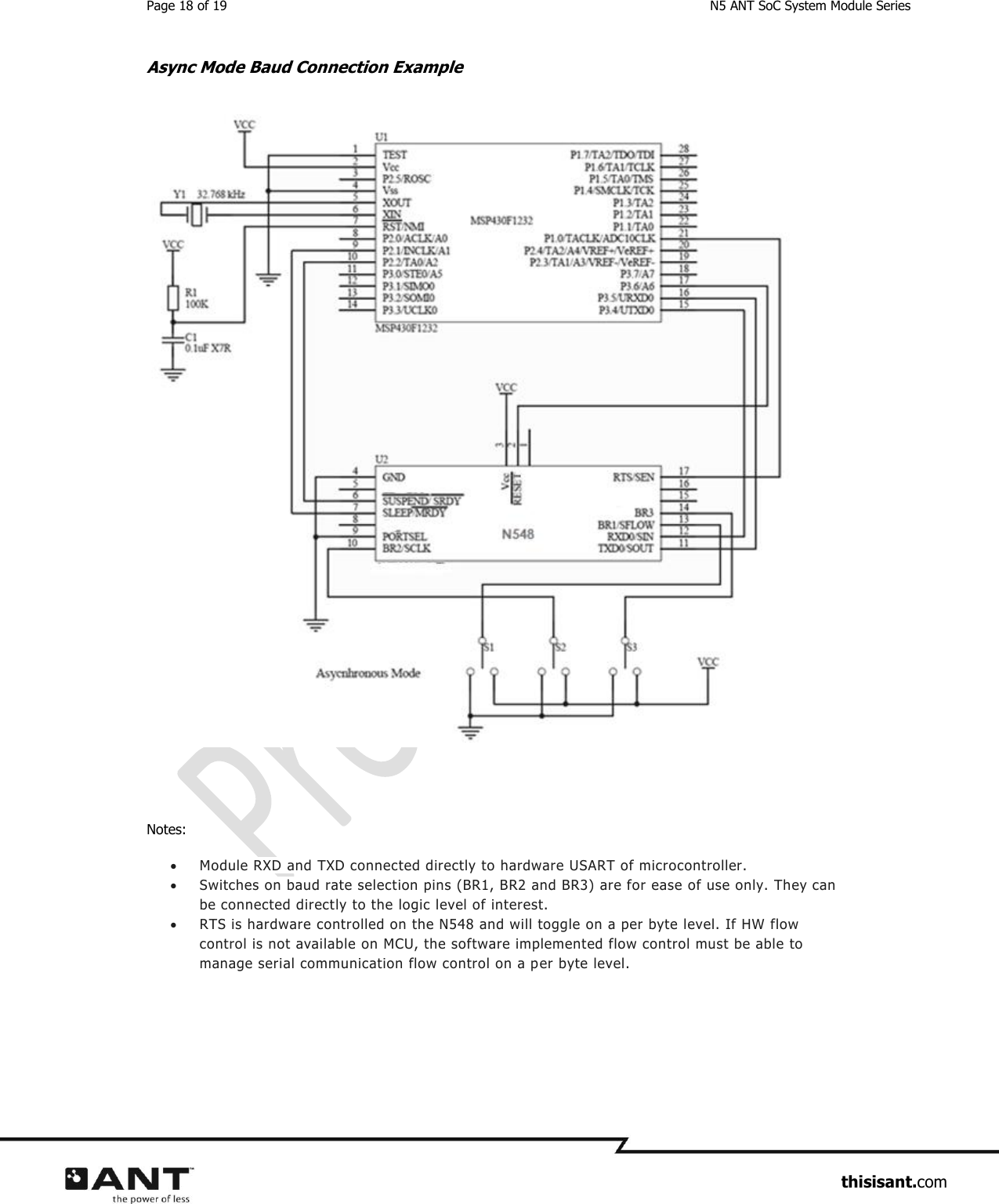 Page 18 of 19  N5 ANT SoC System Module Series                     thisisant.com Async Mode Baud Connection Example   Notes:  Module RXD and TXD connected directly to hardware USART of microcontroller.   Switches on baud rate selection pins (BR1, BR2 and BR3) are for ease of use only. They can be connected directly to the logic level of interest.  RTS is hardware controlled on the N548 and will toggle on a per byte level. If HW flow control is not available on MCU, the software implemented flow control must be able to manage serial communication flow control on a per byte level.   