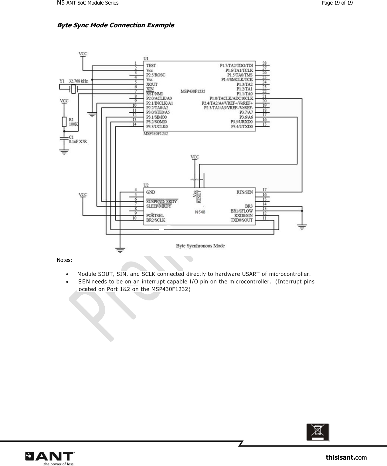 N5 ANT SoC Module Series  Page 19 of 19                     thisisant.com Byte Sync Mode Connection Example  Notes:  Module SOUT, SIN, and SCLK connected directly to hardware USART of microcontroller.   S E N needs to be on an interrupt capable I/O pin on the microcontroller.  (Interrupt pins located on Port 1&amp;2 on the MSP430F1232)  