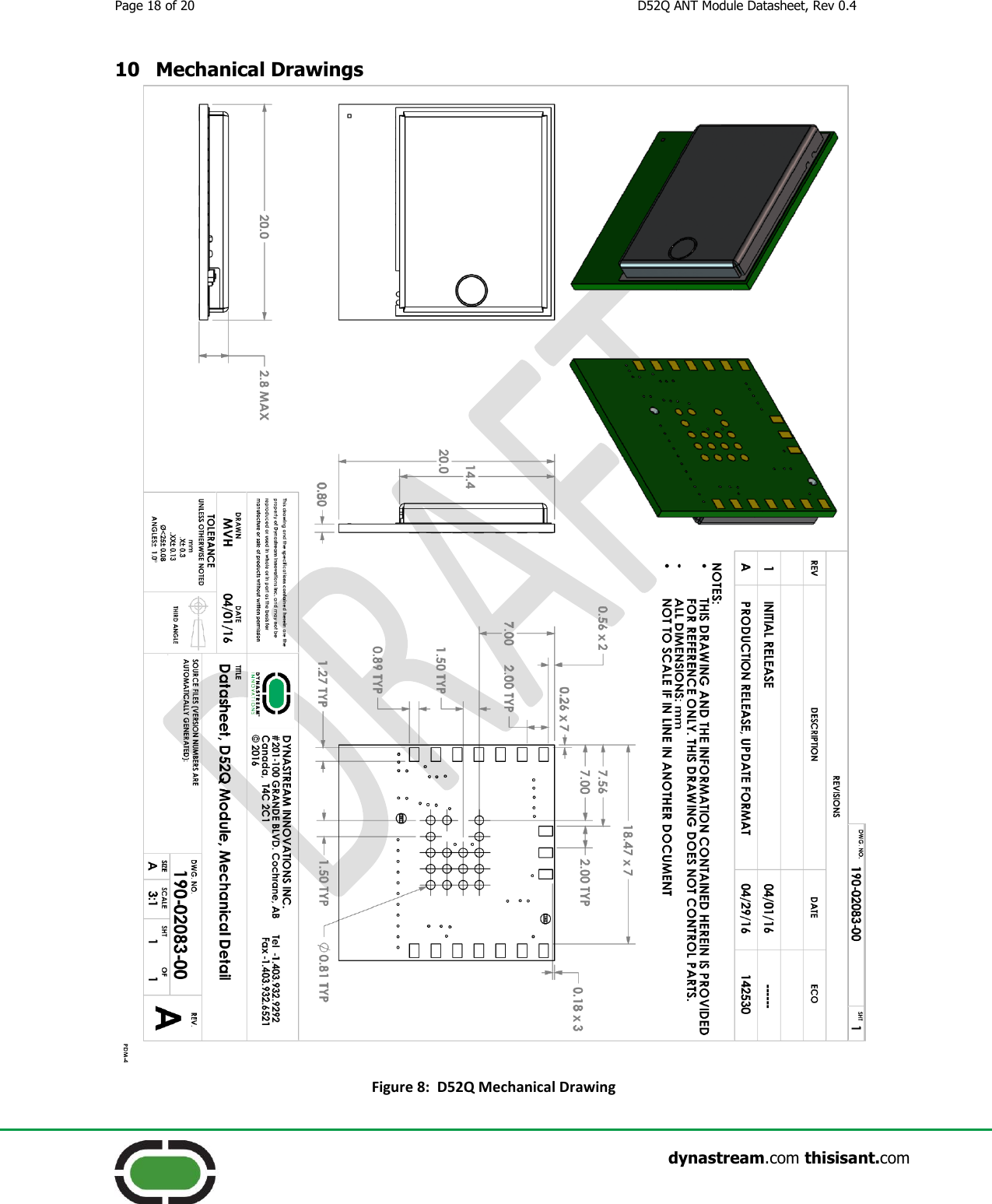 Page 18 of 20  D52Q ANT Module Datasheet, Rev 0.4                    dynastream.com thisisant.com 10 Mechanical Drawings  Figure 8:  D52Q Mechanical Drawing 