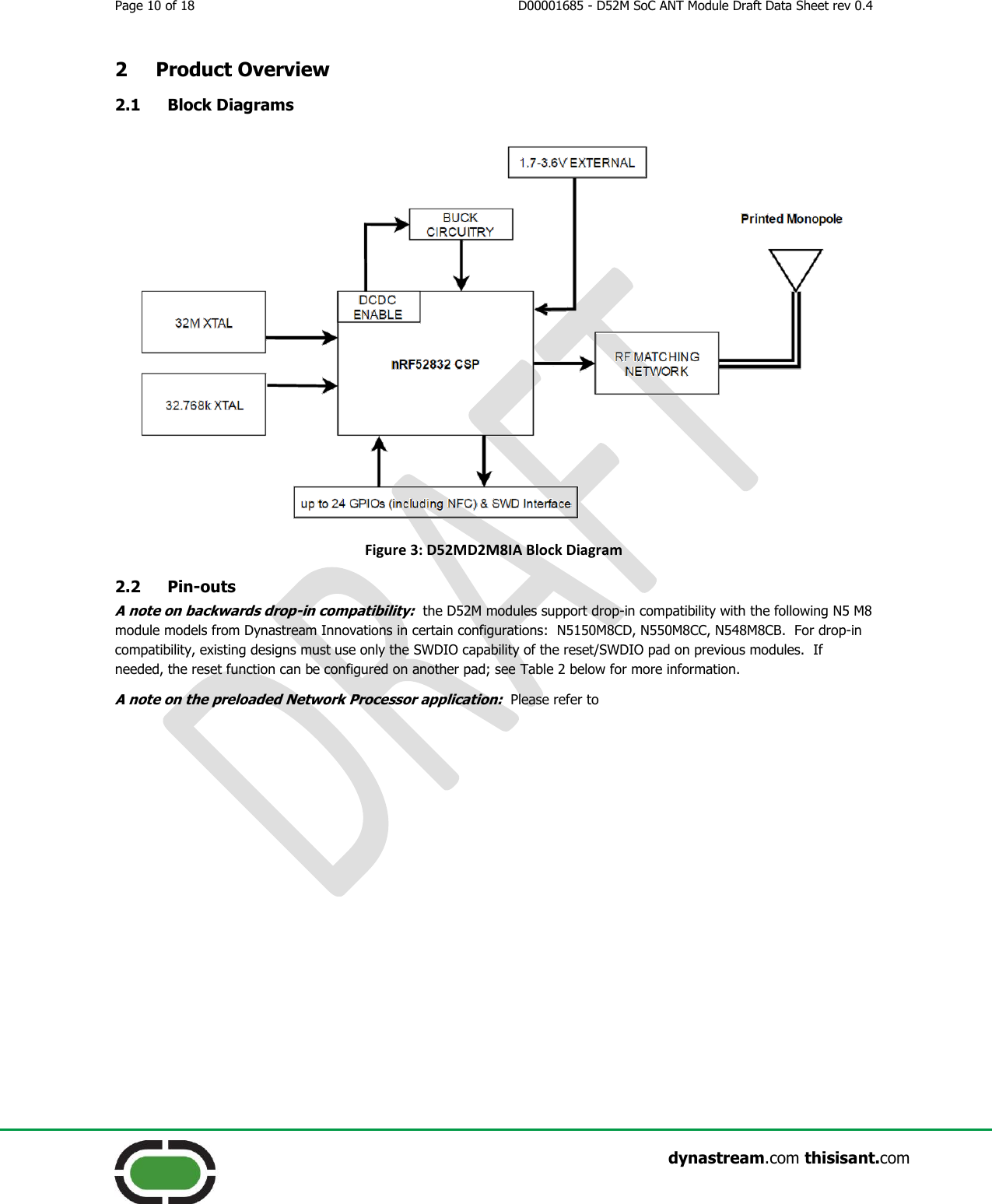 Page 10 of 18  D00001685 - D52M SoC ANT Module Draft Data Sheet rev 0.4                    dynastream.com thisisant.com 2 Product Overview 2.1 Block Diagrams  Figure 3: D52MD2M8IA Block Diagram 2.2 Pin-outs A note on backwards drop-in compatibility:  the D52M modules support drop-in compatibility with the following N5 M8 module models from Dynastream Innovations in certain configurations:  N5150M8CD, N550M8CC, N548M8CB.  For drop-in compatibility, existing designs must use only the SWDIO capability of the reset/SWDIO pad on previous modules.  If needed, the reset function can be configured on another pad; see Table 2 below for more information. A note on the preloaded Network Processor application:  Please refer to    