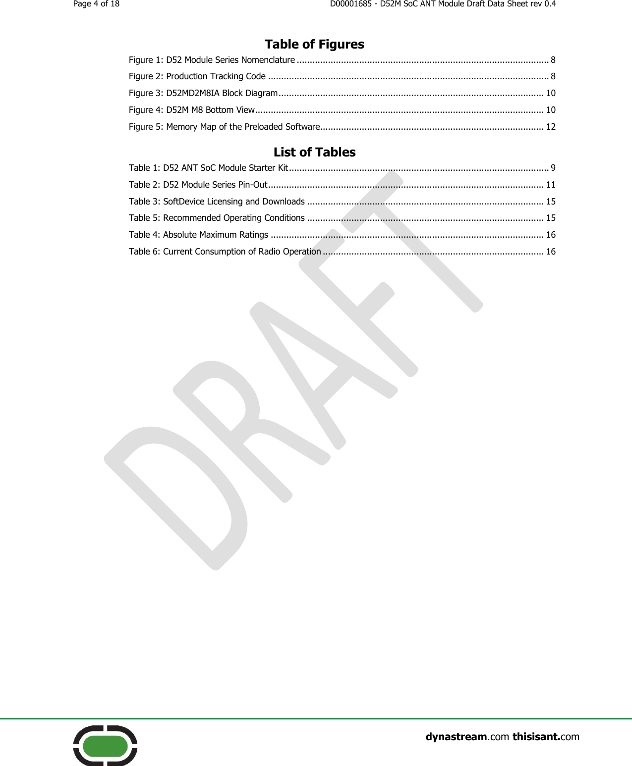 Page 4 of 18  D00001685 - D52M SoC ANT Module Draft Data Sheet rev 0.4                    dynastream.com thisisant.com Table of Figures Figure 1: D52 Module Series Nomenclature ................................................................................................. 8 Figure 2: Production Tracking Code ............................................................................................................ 8 Figure 3: D52MD2M8IA Block Diagram ...................................................................................................... 10 Figure 4: D52M M8 Bottom View ............................................................................................................... 10 Figure 5: Memory Map of the Preloaded Software...................................................................................... 12 List of Tables Table 1: D52 ANT SoC Module Starter Kit .................................................................................................... 9 Table 2: D52 Module Series Pin-Out .......................................................................................................... 11 Table 3: SoftDevice Licensing and Downloads ........................................................................................... 15 Table 5: Recommended Operating Conditions ........................................................................................... 15 Table 4: Absolute Maximum Ratings ......................................................................................................... 16 Table 6: Current Consumption of Radio Operation ..................................................................................... 16    