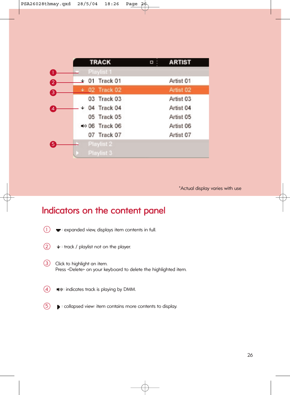 IInnddiiccaattoorrss  oonn  tthhee  ccoonntteenntt  ppaanneell: expanded view, displays item contents in full.1: track / playlist not on the player.212345Click to highlight an item.Press &lt;Delete&gt; on your keyboard to delete the highlighted item.3: indicates track is playing by DMM.4: collapsed view: item contains more contents to display.5*Actual display varies with use26PSA26028thmay.qxd  28/5/04  18:26  Page 26