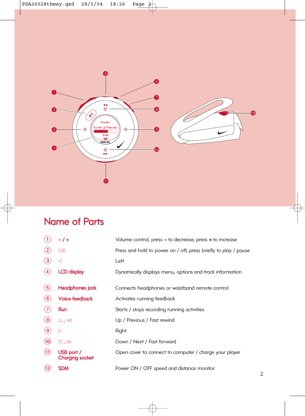 NNaammee  ooff  PPaarrttss1−−//  ++Volume control, press −−to decrease; press ++to increase222;;Press and hold to power on / off; press briefly to play / pause311Left 4LLCCDD  ddiissppllaayyDynamically displays menu, options and track information5HHeeaaddpphhoonneess  jjaacckkConnects headphones or waistband remote control6VVooiiccee  ffeeeeddbbaacckkActivates running feedback7RRuunnStarts / stops recording running activities833  , 55Up / Previous / Fast rewind922Right044  , 66Down / Next / Fast forward!UUSSBB  ppoorrtt  //Open cover to connect to computer / charge your playerCChhaarrggiinngg  ssoocckkeett@SSDDMMPower ON / OFF speed and distance monitor2PSA26028thmay.qxd  28/5/04  18:26  Page 2
