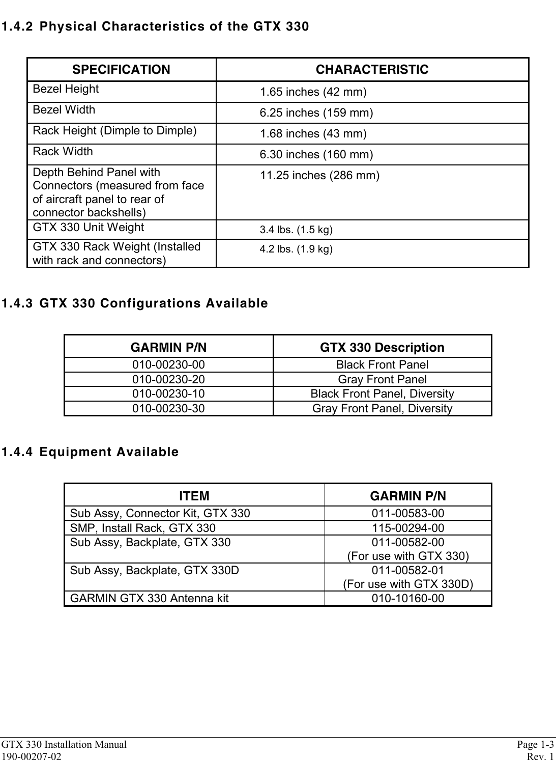 GTX 330 Installation Manual Page 1-3190-00207-02 Rev. 11.4.2 Physical Characteristics of the GTX 330SPECIFICATION CHARACTERISTICBezel Height 1.65 inches (42 mm)Bezel Width 6.25 inches (159 mm)Rack Height (Dimple to Dimple) 1.68 inches (43 mm)Rack Width 6.30 inches (160 mm)Depth Behind Panel withConnectors (measured from faceof aircraft panel to rear ofconnector backshells)11.25 inches (286 mm)GTX 330 Unit Weight 3.4 lbs. (1.5 kg)GTX 330 Rack Weight (Installedwith rack and connectors)4.2 lbs. (1.9 kg)1.4.3 GTX 330 Configurations AvailableGARMIN P/N GTX 330 Description010-00230-00 Black Front Panel010-00230-20 Gray Front Panel010-00230-10 Black Front Panel, Diversity010-00230-30 Gray Front Panel, Diversity1.4.4 Equipment AvailableITEM GARMIN P/NSub Assy, Connector Kit, GTX 330 011-00583-00SMP, Install Rack, GTX 330 115-00294-00Sub Assy, Backplate, GTX 330 011-00582-00(For use with GTX 330)Sub Assy, Backplate, GTX 330D 011-00582-01(For use with GTX 330D)GARMIN GTX 330 Antenna kit 010-10160-00