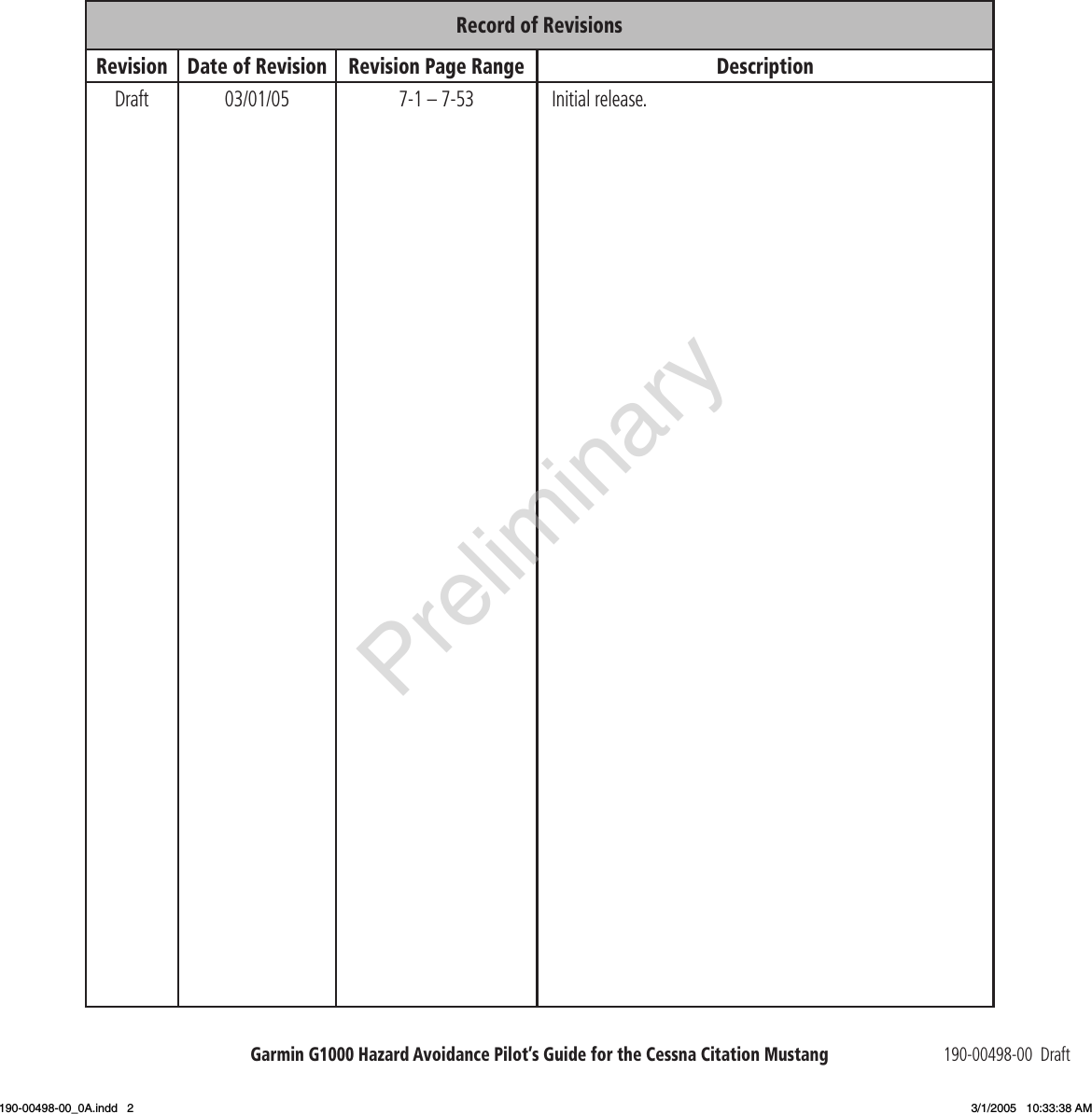 Garmin G1000 Hazard Avoidance Pilot’s Guide for the Cessna Citation Mustang 190-00498-00  DraftRecord of RevisionsRevision Date of Revision Revision Page Range DescriptionDraft 03/01/05 7-1 – 7-53 Initial release.Preliminary190-00498-00_0A.indd   2 3/1/2005   10:33:38 AM