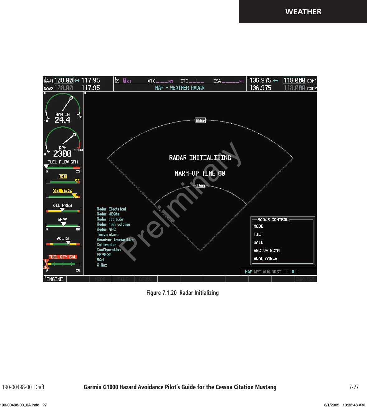 Garmin G1000 Hazard Avoidance Pilot’s Guide for the Cessna Citation Mustang190-00498-00  Draft 7-27WEATHERFigure 7.1.20  Radar InitializingPreliminary190-00498-00_0A.indd   27 3/1/2005   10:33:48 AM