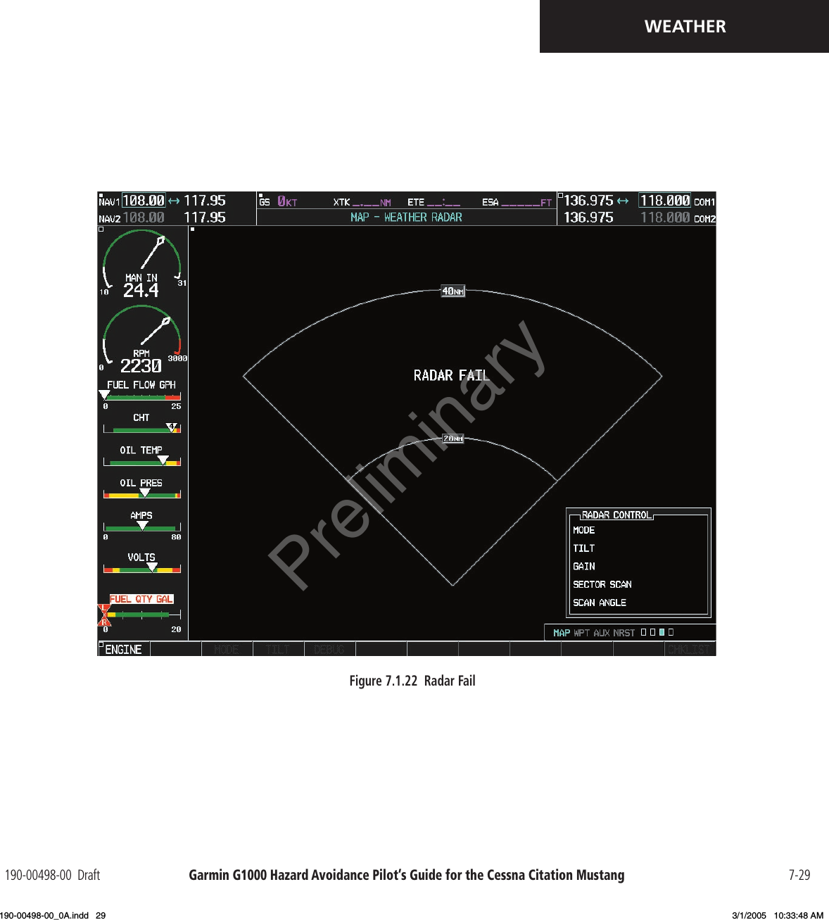 Garmin G1000 Hazard Avoidance Pilot’s Guide for the Cessna Citation Mustang190-00498-00  Draft 7-29WEATHERFigure 7.1.22  Radar FailPreliminary190-00498-00_0A.indd   29 3/1/2005   10:33:48 AM