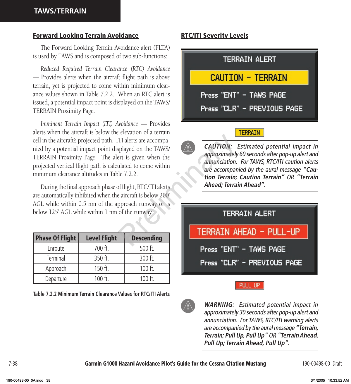 Garmin G1000 Hazard Avoidance Pilot’s Guide for the Cessna Citation Mustang 190-00498-00  Draft7-38TAWS/TERRAINForward Looking Terrain AvoidanceThe Forward Looking Terrain Avoidance alert (FLTA) is used by TAWS and is composed of two sub-functions:Reduced  Required  Terrain  Clearance  (RTC)  Avoidance — Provides alerts  when  the aircraft ﬂight  path is  above terrain, yet is projected to come within minimum clear-ance values shown in Table 7.2.2.  When an RTC alert is issued, a potential impact point is displayed on the TAWS/TERRAIN Proximity Page.Imminent  Terrain  Impact  (ITI)  Avoidance  —  Provides alerts when the aircraft is below the elevation of a terrain cell in the aircraft’s projected path.  ITI alerts are accompa-nied by a potential impact point displayed on the TAWS/TERRAIN  Proximity  Page.    The  alert  is  given  when  the projected vertical ﬂight path is calculated to come within minimum clearance altitudes in Table 7.2.2.During the ﬁnal approach phase of ﬂight, RTC/ITI alerts are automatically inhibited when the aircraft is below 200’ AGL while within 0.5 nm of the approach runway or is below 125’ AGL while within 1 nm of the runway.Phase Of Flight Level Flight DescendingEnroute 700 ft. 500 ft.Terminal 350 ft.  300 ft.Approach 150 ft. 100 ft.Departure 100 ft. 100 ft. Table 7.2.2 Minimum Terrain Clearance Values for RTC/ITI AlertsRTC/ITI Severity Levels  CAUTION:   Estimated  potential  impact in approximately 60 seconds after pop-up alert and annunciation.  For TAWS, RTC/ITI caution alerts are accompanied by the aural message “Cau-tion Terrain; Caution Terrain”  OR  “Terrain Ahead; Terrain Ahead”.  WARNING:    Estimated  potential  impact  in approximately 30 seconds after pop-up alert and annunciation.  For TAWS, RTC/ITI warning alerts are accompanied by the aural message “Terrain, Terrain; Pull Up, Pull Up” OR “Terrain Ahead, Pull Up; Terrain Ahead, Pull Up”.Preliminary190-00498-00_0A.indd   38 3/1/2005   10:33:52 AM