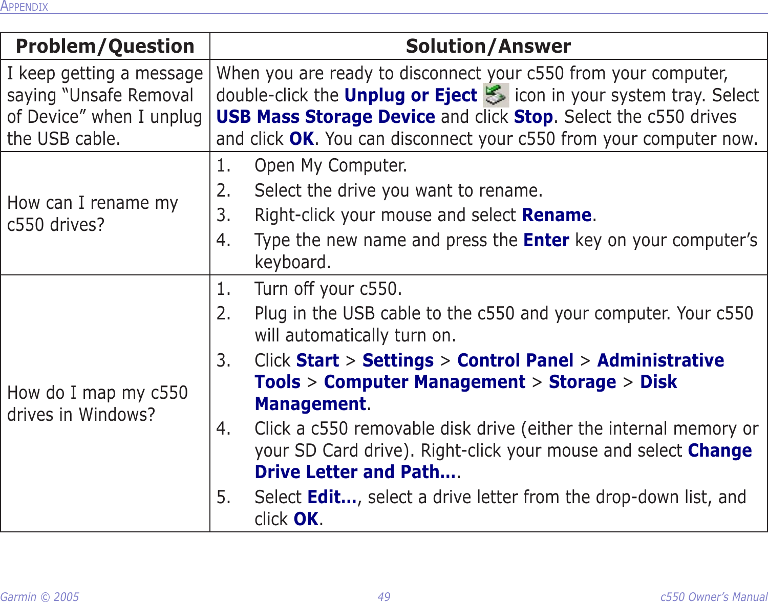 Garmin © 2005  49  c550 Owner’s ManualAPPENDIXProblem/Question Solution/AnswerI keep getting a message saying “Unsafe Removal of Device” when I unplug the USB cable.When you are ready to disconnect your c550 from your computer, double-click the Unplug or Eject   icon in your system tray. Select USB Mass Storage Device and click Stop. Select the c550 drives and click OK. You can disconnect your c550 from your computer now. How can I rename my c550 drives?1.  Open My Computer. 2.  Select the drive you want to rename. 3.  Right-click your mouse and select Rename. 4.  Type the new name and press the Enter key on your computer’s keyboard. How do I map my c550 drives in Windows?1.  Turn off your c550. 2.  Plug in the USB cable to the c550 and your computer. Your c550 will automatically turn on. 3.  Click Start &gt; Settings &gt; Control Panel &gt; Administrative Tools &gt; Computer Management &gt; Storage &gt; Disk Management. 4.  Click a c550 removable disk drive (either the internal memory or your SD Card drive). Right-click your mouse and select Change Drive Letter and Path….5.  Select Edit…, select a drive letter from the drop-down list, and click OK. 