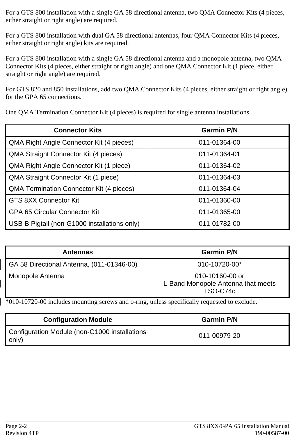 Page 2-2  GTS 8XX/GPA 65 Installation Manual Revision 4TP  190-00587-00 For a GTS 800 installation with a single GA 58 directional antenna, two QMA Connector Kits (4 pieces, either straight or right angle) are required.  For a GTS 800 installation with dual GA 58 directional antennas, four QMA Connector Kits (4 pieces, either straight or right angle) kits are required.  For a GTS 800 installation with a single GA 58 directional antenna and a monopole antenna, two QMA Connector Kits (4 pieces, either straight or right angle) and one QMA Connector Kit (1 piece, either straight or right angle) are required.  For GTS 820 and 850 installations, add two QMA Connector Kits (4 pieces, either straight or right angle) for the GPA 65 connections.  One QMA Termination Connector Kit (4 pieces) is required for single antenna installations.  Connector Kits  Garmin P/N QMA Right Angle Connector Kit (4 pieces)  011-01364-00 QMA Straight Connector Kit (4 pieces)  011-01364-01 QMA Right Angle Connector Kit (1 piece)  011-01364-02 QMA Straight Connector Kit (1 piece)  011-01364-03 QMA Termination Connector Kit (4 pieces)  011-01364-04 GTS 8XX Connector Kit  011-01360-00 GPA 65 Circular Connector Kit  011-01365-00 USB-B Pigtail (non-G1000 installations only)  011-01782-00   Antennas Garmin P/N GA 58 Directional Antenna, (011-01346-00)  010-10720-00* Monopole Antenna  010-10160-00 or L-Band Monopole Antenna that meets  TSO-C74c *010-10720-00 includes mounting screws and o-ring, unless specifically requested to exclude.  Configuration Module  Garmin P/N Configuration Module (non-G1000 installations only)  011-00979-20    