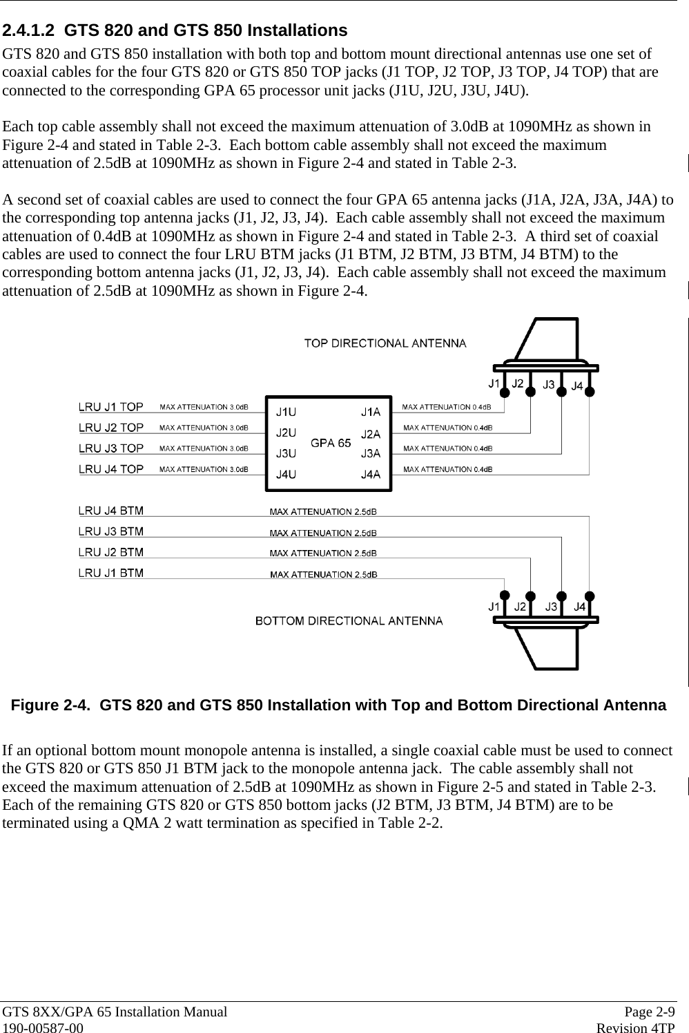  GTS 8XX/GPA 65 Installation Manual  Page 2-9 190-00587-00  Revision 4TP 2.4.1.2  GTS 820 and GTS 850 Installations GTS 820 and GTS 850 installation with both top and bottom mount directional antennas use one set of coaxial cables for the four GTS 820 or GTS 850 TOP jacks (J1 TOP, J2 TOP, J3 TOP, J4 TOP) that are connected to the corresponding GPA 65 processor unit jacks (J1U, J2U, J3U, J4U).    Each top cable assembly shall not exceed the maximum attenuation of 3.0dB at 1090MHz as shown in Figure 2-4 and stated in Table 2-3.  Each bottom cable assembly shall not exceed the maximum attenuation of 2.5dB at 1090MHz as shown in Figure 2-4 and stated in Table 2-3.    A second set of coaxial cables are used to connect the four GPA 65 antenna jacks (J1A, J2A, J3A, J4A) to the corresponding top antenna jacks (J1, J2, J3, J4).  Each cable assembly shall not exceed the maximum attenuation of 0.4dB at 1090MHz as shown in Figure 2-4 and stated in Table 2-3.  A third set of coaxial cables are used to connect the four LRU BTM jacks (J1 BTM, J2 BTM, J3 BTM, J4 BTM) to the corresponding bottom antenna jacks (J1, J2, J3, J4).  Each cable assembly shall not exceed the maximum attenuation of 2.5dB at 1090MHz as shown in Figure 2-4.   Figure 2-4.  GTS 820 and GTS 850 Installation with Top and Bottom Directional Antenna  If an optional bottom mount monopole antenna is installed, a single coaxial cable must be used to connect the GTS 820 or GTS 850 J1 BTM jack to the monopole antenna jack.  The cable assembly shall not exceed the maximum attenuation of 2.5dB at 1090MHz as shown in Figure 2-5 and stated in Table 2-3.  Each of the remaining GTS 820 or GTS 850 bottom jacks (J2 BTM, J3 BTM, J4 BTM) are to be terminated using a QMA 2 watt termination as specified in Table 2-2.   