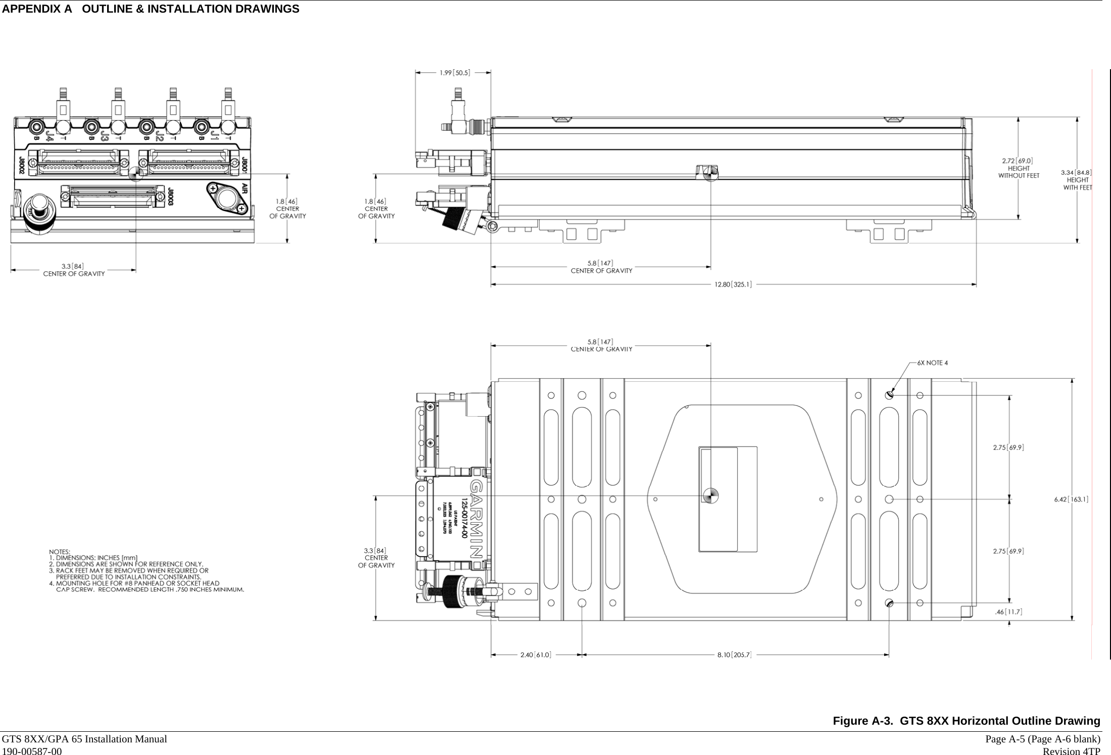 APPENDIX A   OUTLINE &amp; INSTALLATION DRAWINGS GTS 8XX/GPA 65 Installation Manual     Page A-5 (Page A-6 blank) 190-00587-00   Revision 4TP          Figure A-3.  GTS 8XX Horizontal Outline Drawing 