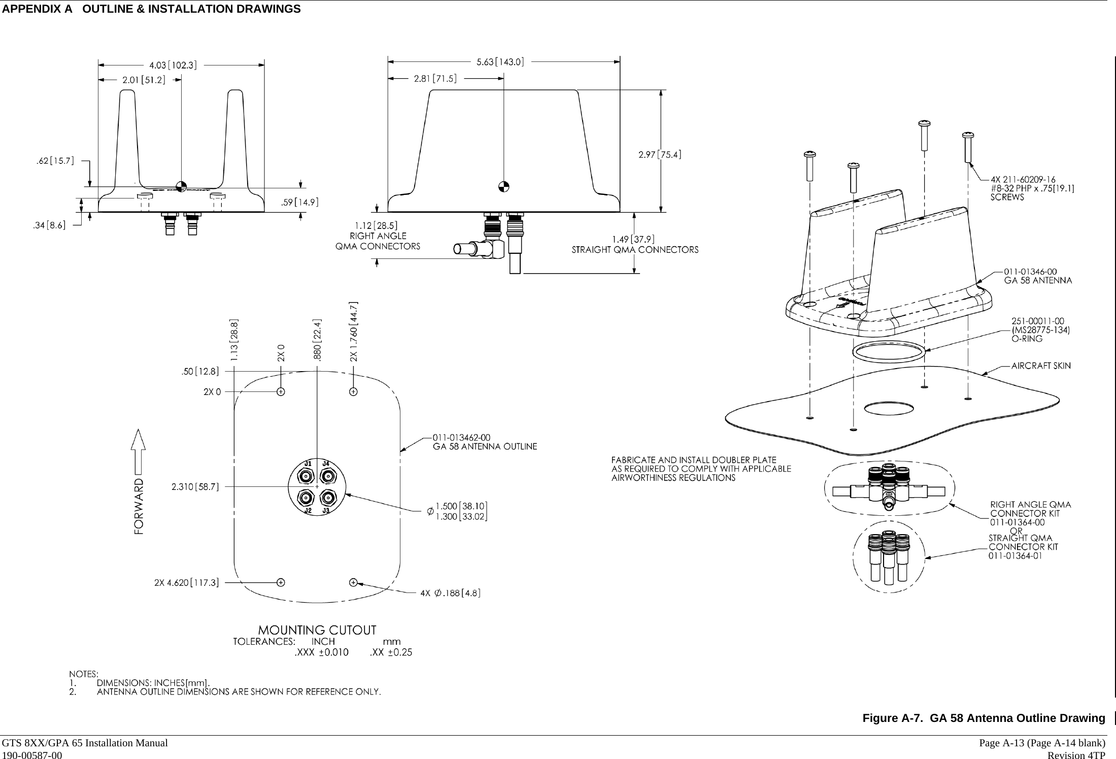 APPENDIX A   OUTLINE &amp; INSTALLATION DRAWINGS GTS 8XX/GPA 65 Installation Manual     Page A-13 (Page A-14 blank) 190-00587-00   Revision 4TP      Figure A-7.  GA 58 Antenna Outline Drawing 