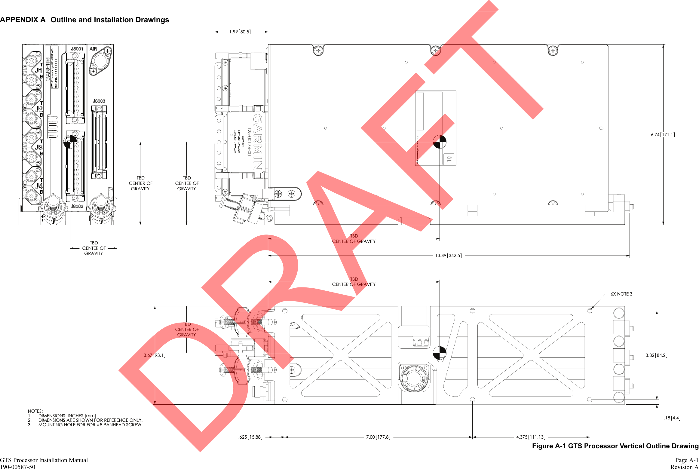 GTS Processor Installation Manual Page A-1190-00587-50 Revision AAPPENDIX A Outline and Installation DrawingsFigure A-1 GTS Processor Vertical Outline Drawing1.99 50.56.74171.113.49 342.5CENTER OF GRAVITYTBDGRAVITYTBDCENTER OF.62515.887.00177.8 4.375111.133.32 84.23.67 93.1.18 4.4CENTER OF GRAVITYTBDGRAVITYTBDCENTER OF6X NOTE 3GRAVITYTBDCENTER OFGRAVITYTBDCENTER OFNOTES:DIMENSIONS: INCHES [mm]1.DIMENSIONS ARE SHOWN FOR REFERENCE ONLY.2.MOUNTING HOLE FOR FOR #8 PANHEAD SCREW.3.DRAFT
