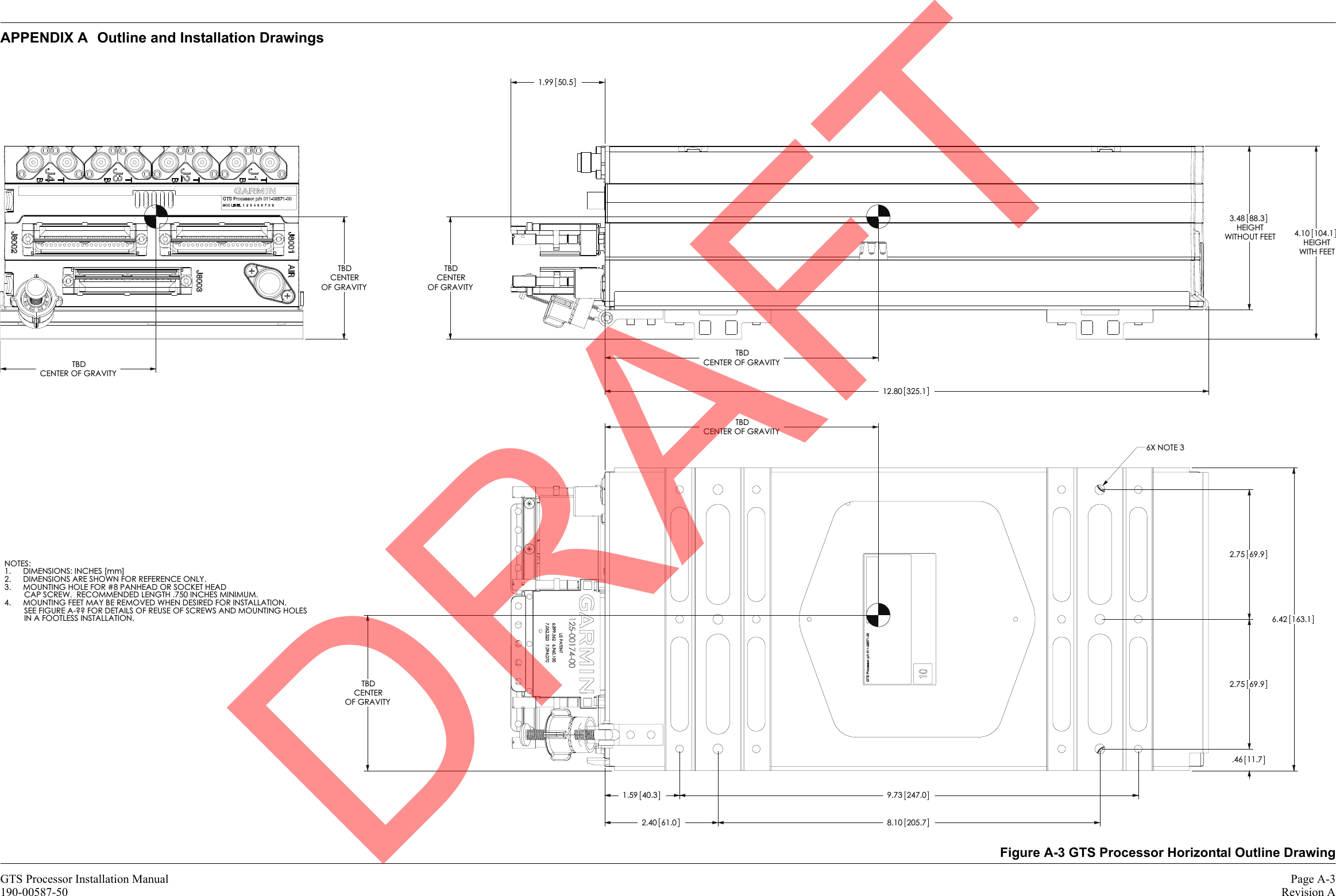 GTS Processor Installation Manual Page A-3190-00587-50 Revision AAPPENDIX A Outline and Installation DrawingsFigure A-3 GTS Processor Horizontal Outline Drawing1.99 50.53.48 88.3HEIGHTWITHOUT FEET4.10104.1HEIGHTWITH FEET12.80 325.1CENTER OF GRAVITYTBDOF GRAVITYTBDCENTEROF GRAVITYTBDCENTERCENTER OF GRAVITYTBD1.59 40.3 9.73247.02.40 61.0 8.10205.7.4611.72.75 69.92.75 69.96.42163.1OF GRAVITYTBDCENTERCENTER OF GRAVITYTBD6X NOTE 3NOTES:DIMENSIONS: INCHES [mm]1.DIMENSIONS ARE SHOWN FOR REFERENCE ONLY.2.MOUNTING HOLE FOR #8 PANHEAD OR SOCKET HEAD3.         CAP SCREW.  RECOMMENDED LENGTH .750 INCHES MINIMUM.MOUNTING FEET MAY BE REMOVED WHEN DESIRED FOR INSTALLATION.4.         SEE FIGURE A-?? FOR DETAILS OF REUSE OF SCREWS AND MOUNTING HOLES         IN A FOOTLESS INSTALLATION.DRAFT