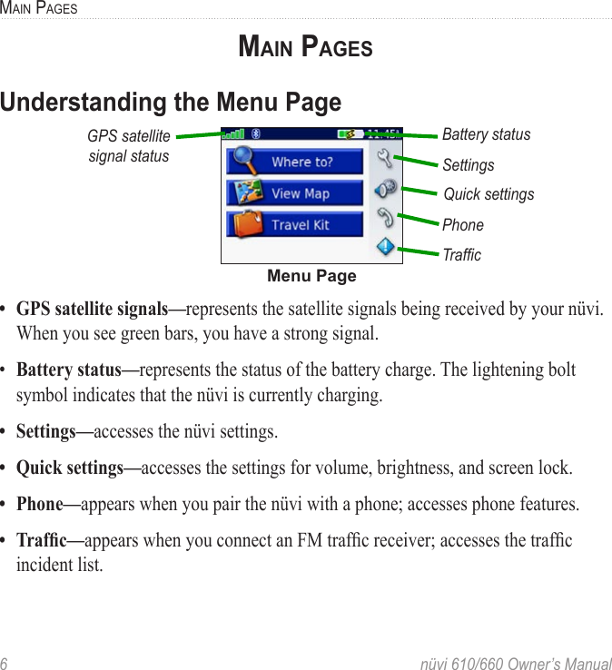 6  nüvi 610/660 Owner’s ManualMAIN PAGESMAIN PAGESUnderstanding the Menu PageGPS satellite signal status SettingsQuick settingsPhoneTrafﬁcBattery statusMenu Page•  GPS satellite signals—represents the satellite signals being received by your nüvi. When you see green bars, you have a strong signal. •  Battery status—represents the status of the battery charge. The lightening bolt symbol indicates that the nüvi is currently charging.•  Settings—accesses the nüvi settings.•  Quick settings—accesses the settings for volume, brightness, and screen lock.•  Phone—appears when you pair the nüvi with a phone; accesses phone features.•  Trafﬁc—appears when you connect an FM trafﬁc receiver; accesses the trafﬁc incident list.