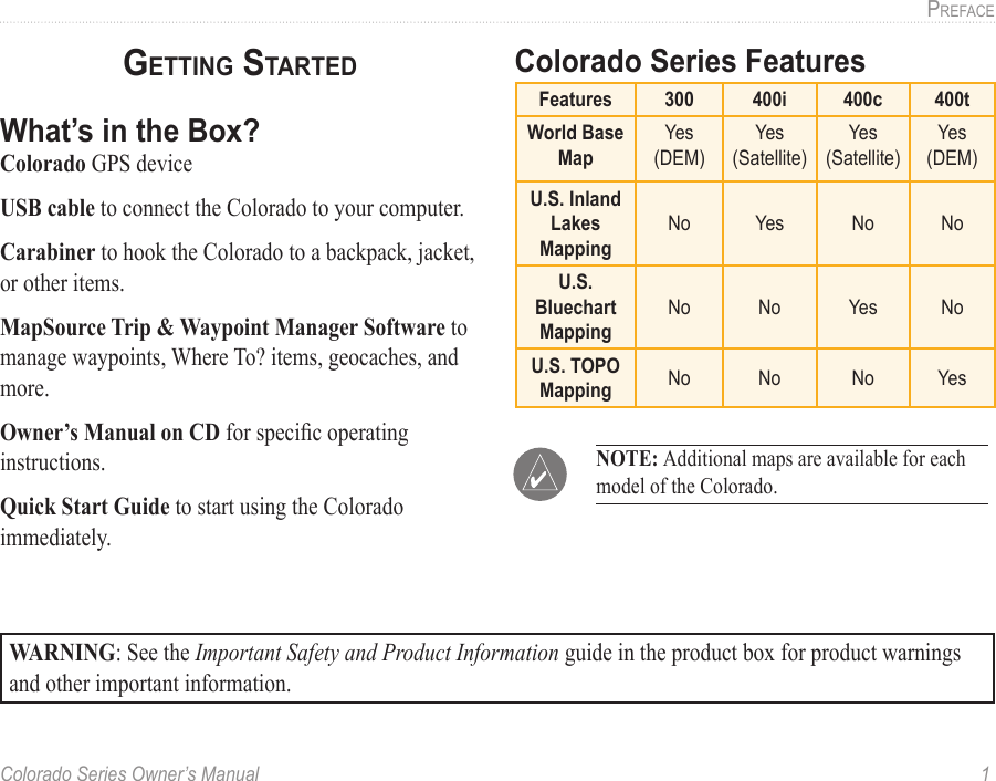 Colorado Series Owner’s Manual  1Preface GeTTinG sTarTedWhat’s in the Box?Colorado GPS deviceUSB cable to connect the Colorado to your computer.Carabiner to hook the Colorado to a backpack, jacket, or other items.MapSource Trip &amp; Waypoint Manager Software to manage waypoints, Where To? items, geocaches, and more.Owner’s Manual on CD for specic operating instructions.Quick Start Guide to start using the Colorado immediately.Colorado Series FeaturesFeatures 300 400i 400c 400tWorld Base MapYes(DEM)Yes(Satellite)Yes(Satellite)Yes(DEM)U.S. Inland Lakes MappingNo Yes No NoU.S. Bluechart MappingNo No Yes NoU.S. TOPO Mapping No No No YesWARNING: See the Important Safety and Product Information guide in the product box for product warnings and other important information. NOTE: Additional maps are available for each model of the Colorado.