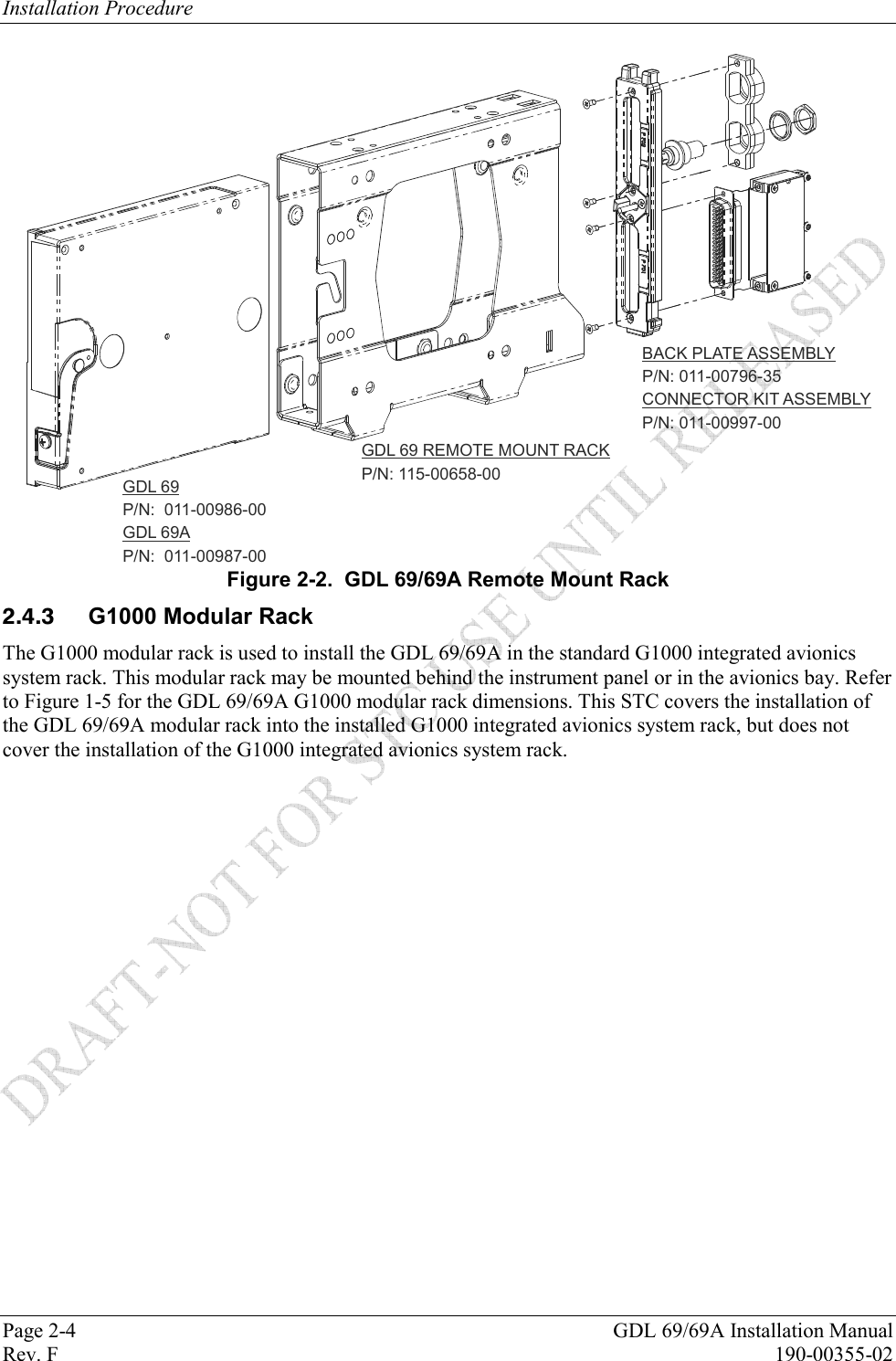 Installation Procedure Page 2-4  GDL 69/69A Installation Manual Rev. F  190-00355-02 GDL 69P/N:  011-00986-00P/N:  011-00987-00GDL 69ABACK PLATE ASSEMBLY P/N: 011-00796-35CONNECTOR KIT ASSEMBLY P/N: 011-00997-00GDL 69 REMOTE MOUNT RACKP/N: 115-00658-00  Figure 2-2.  GDL 69/69A Remote Mount Rack   G1000 Modular Rack The G1000 modular rack is used to install the GDL 69/69A in the standard G1000 integrated avionics system rack. This modular rack may be mounted behind the instrument panel or in the avionics bay. Refer to Figure 1-5 for the GDL 69/69A G1000 modular rack dimensions. This STC covers the installation of the GDL 69/69A modular rack into the installed G1000 integrated avionics system rack, but does not cover the installation of the G1000 integrated avionics system rack. 